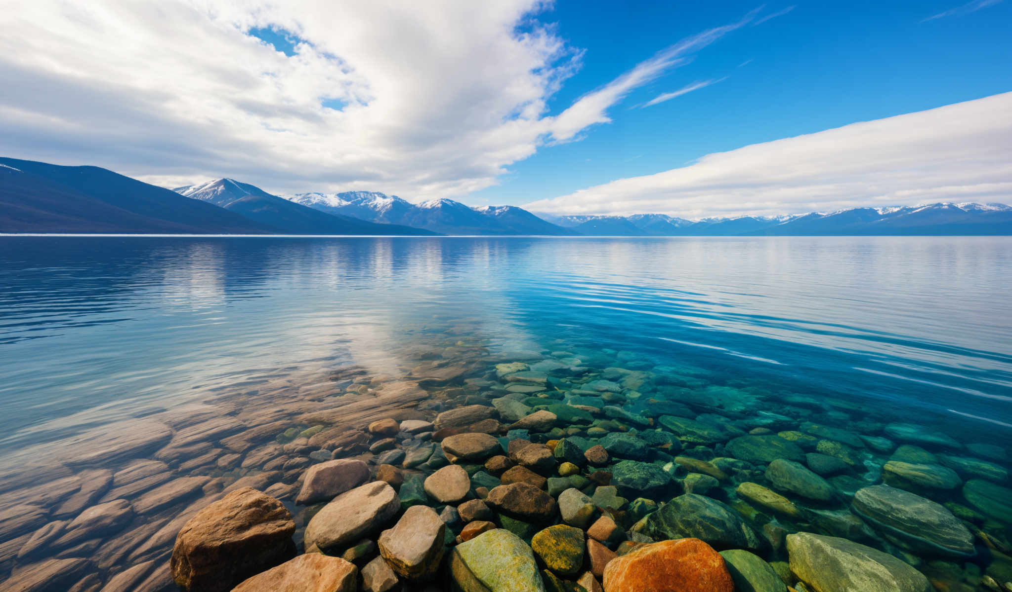 A serene scene of a mountainous landscape with a lake in the foreground. The lake is surrounded by rocks and boulders adding a rugged charm to the scene. The mountains in the background are majestic and towering their peaks covered in snow. The sky above is a clear blue with a few clouds scattered across it. The colors in the image are predominantly blue green and brown creating a harmonious and calming atmosphere. The image captures the beauty and tranquility of nature inviting viewers to appreciate the wonders of the natural world.