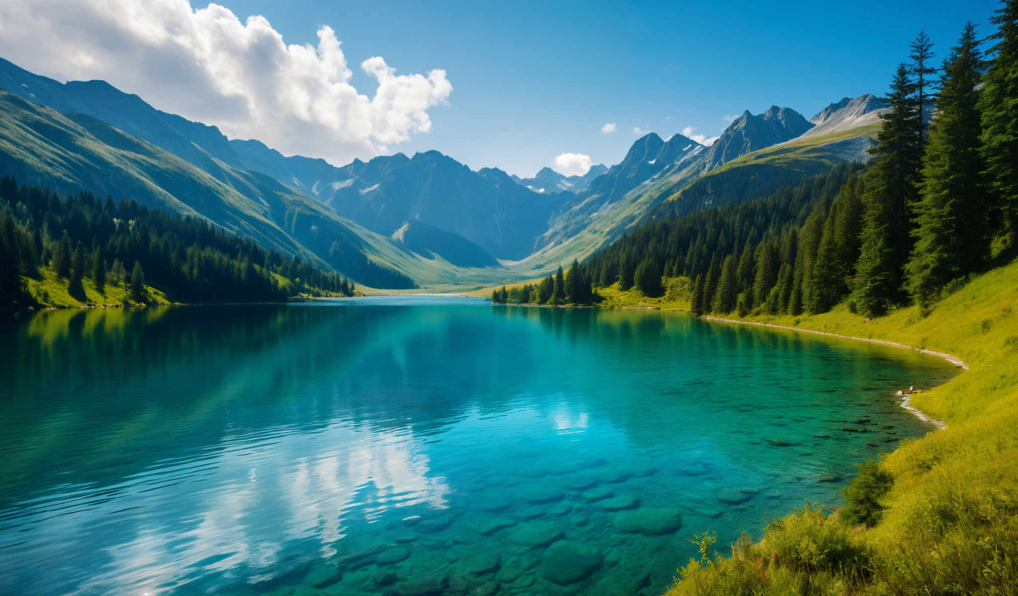 A serene lake surrounded by mountains and trees.