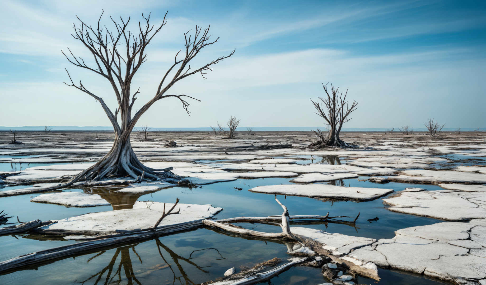 A barren landscape with a few trees and a body of water.