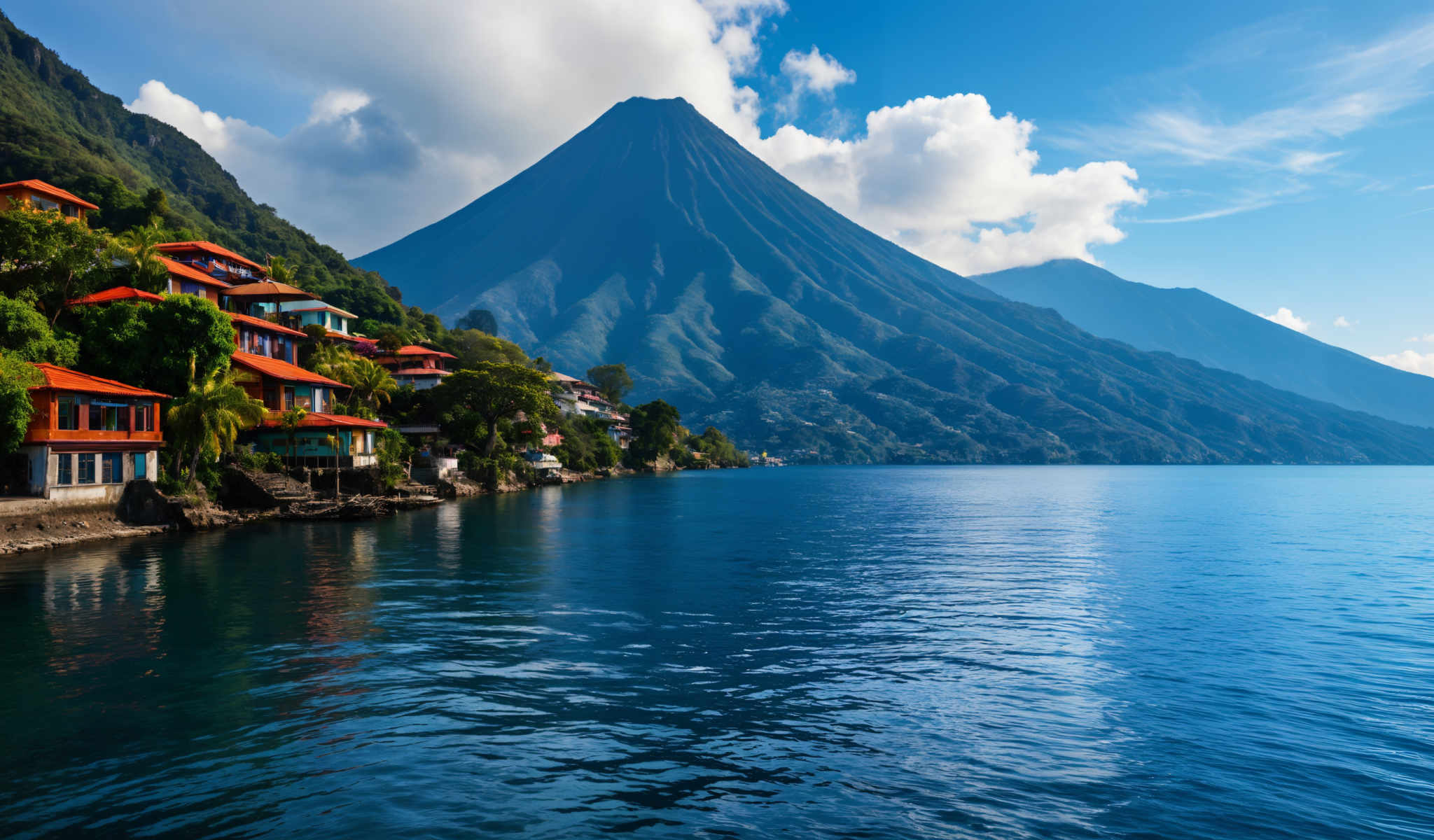 A serene mountainous landscape with a deep blue lake in the foreground. The mountain covered in lush greenery rises majestically in the background. Nestled at the foot of the mountain is a quaint village its buildings painted in vibrant shades of orange and red. The sky above is a clear blue dotted with fluffy white clouds. The image captures the tranquil beauty of nature and the charm of a small village nestled in the mountains.