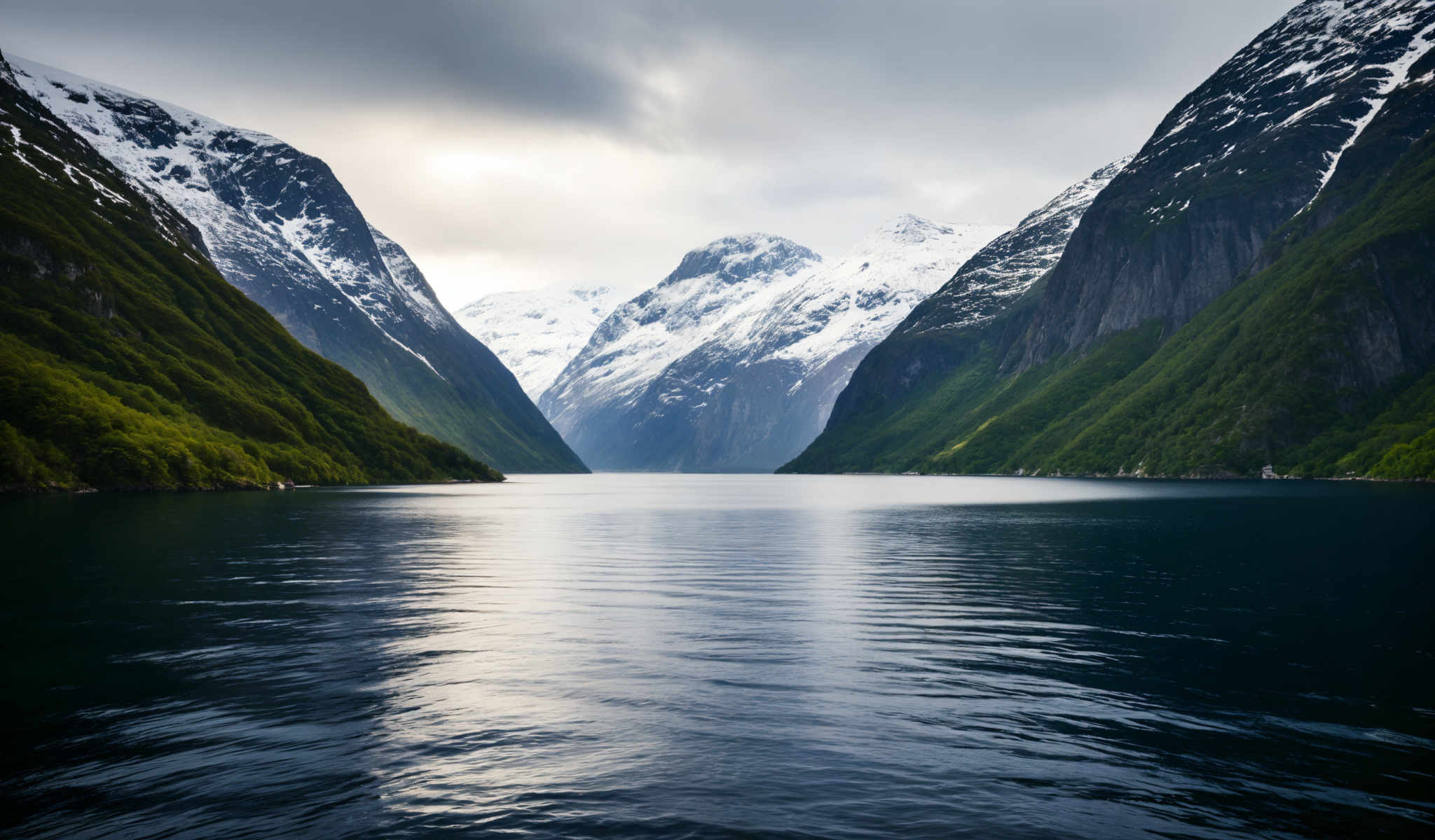 A serene mountainous landscape with a deep blue lake in the foreground. The mountains are covered in snow and the sky is cloudy. The lake is surrounded by green trees.