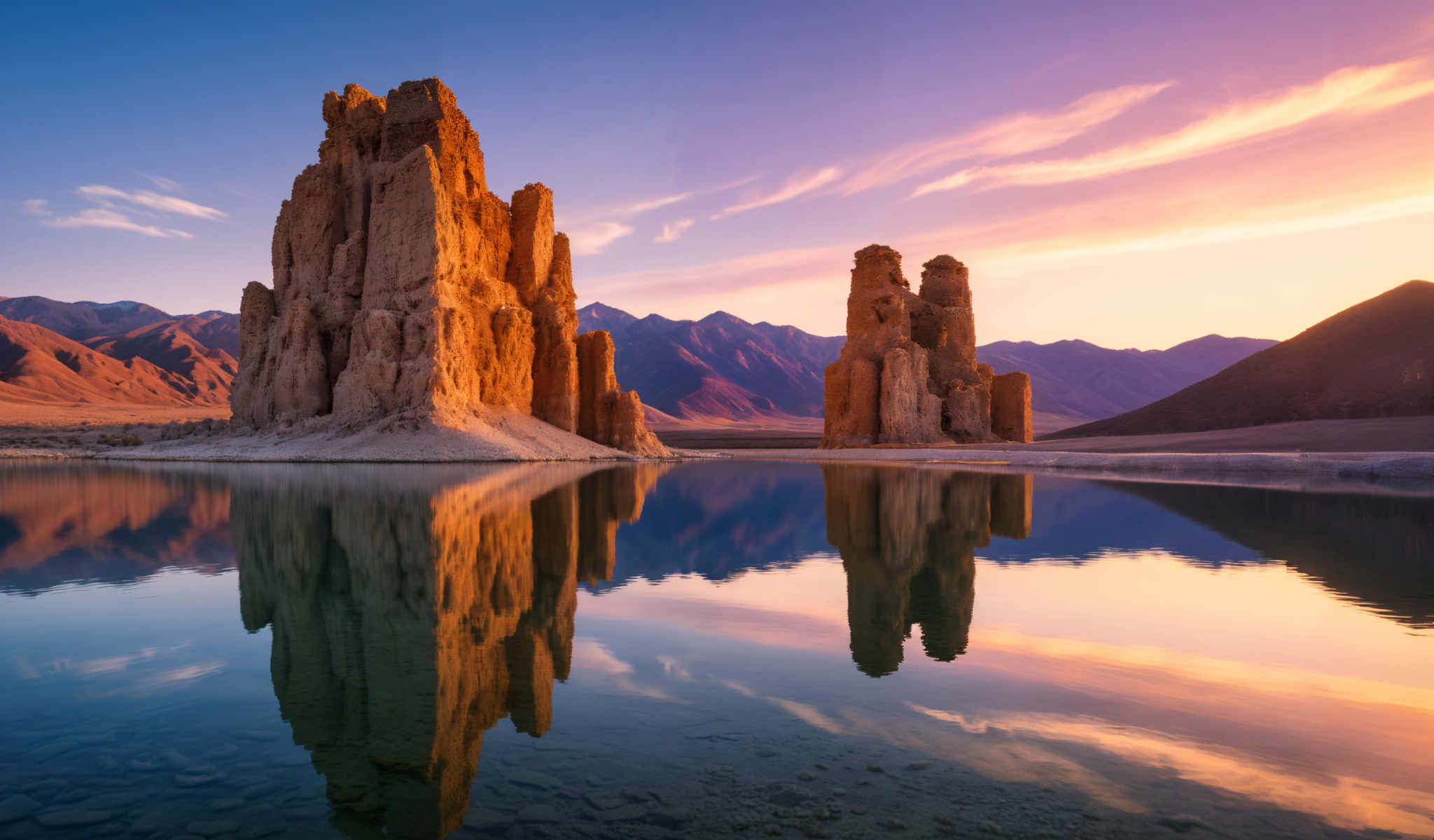 A serene landscape with a large body of water in the foreground and a mountain range in the background. The mountains are a mix of brown and orange hues suggesting a sunset or sunrise. The water is a deep blue reflecting the sky above. On the left side of the photo there are large rock formations that are a light brown color. These rocks appear to be made of sandstone or a similar material. The sky is a light purple color with wispy clouds scattered across it. The overall scene is peaceful and serene with the natural elements coming together to create a beautiful and tranquil setting.