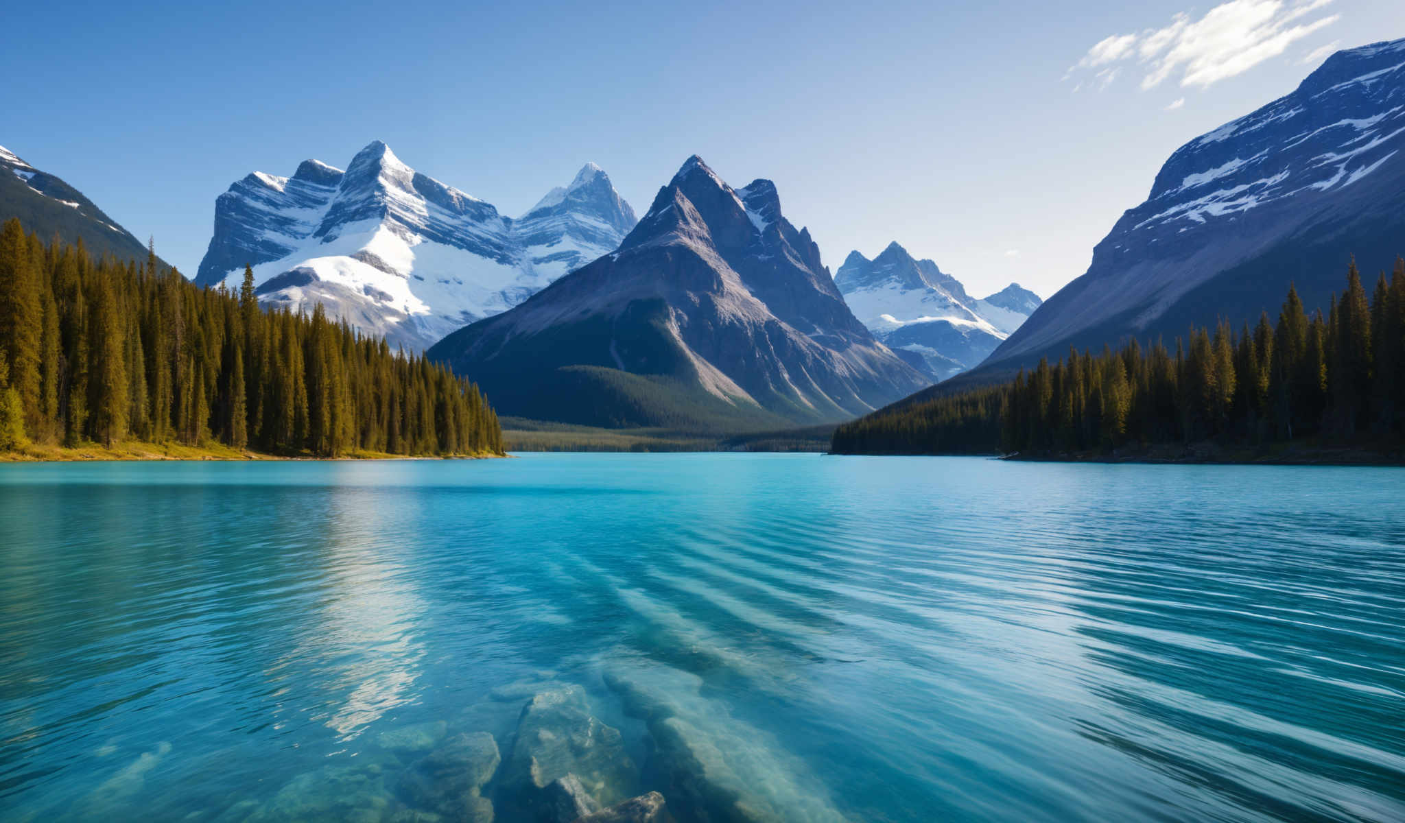 A serene mountain landscape with a deep blue lake in the foreground. The mountains are covered in snow and the sky is clear. The lake is surrounded by trees and the mountains are in the background. The image is taken from a distance making the mountains appear small. The colors in the image are vibrant with the blue of the lake and the green of the trees contrasting with the white of the snow and mountains. The sky is a clear blue adding to the overall tranquility of the scene. The trees are scattered around the lake providing a natural border to the water. The snow on the mountains is visible indicating a cold climate. The clear sky suggests good weather adding a sense of calm to the image.

The image does not contain any text or man-made objects making it a pure representation of nature's beauty. The relative positions of the objects are such that the lake is in the front followed by the trees and then the mountains in the back. The distance from which the photo is taken makes the mountains look small adding depth to the scene.

The colors in this image are predominantly blue green and white. The blue of both the lake water and the clear sky the green from the trees surrounding the lake