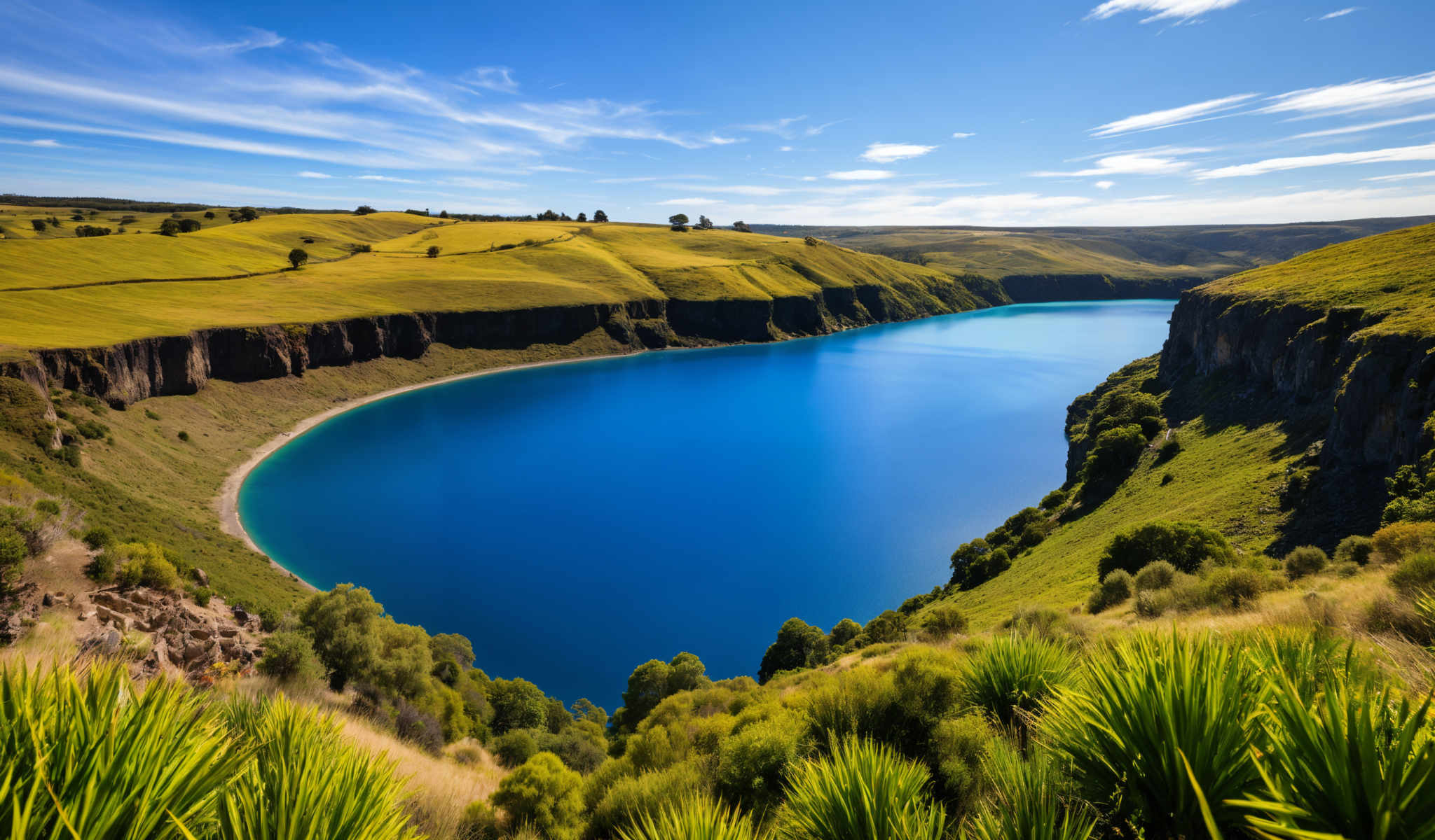 A beautiful blue lake surrounded by lush greenery and hills.