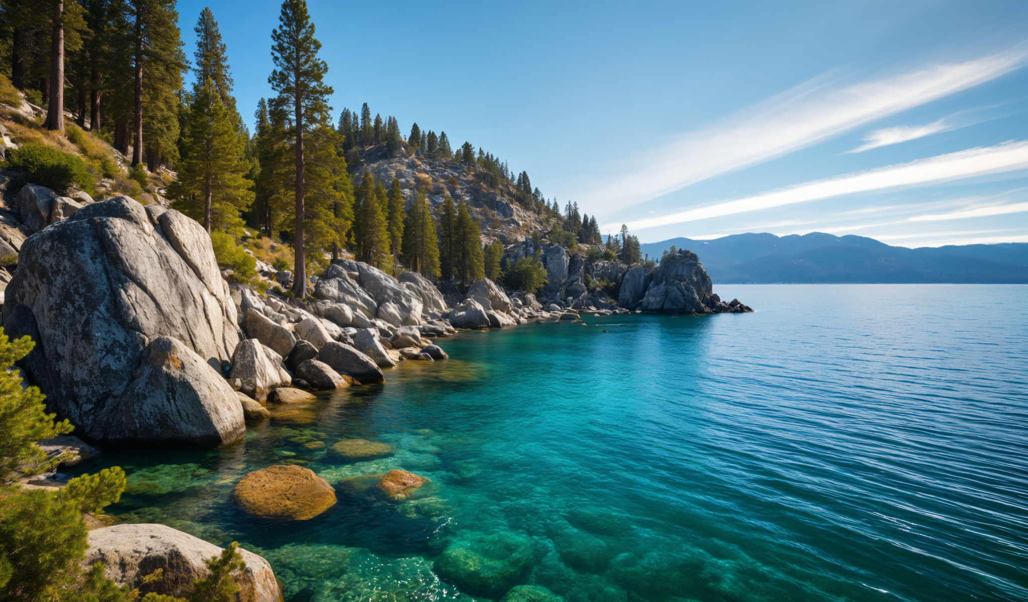 A serene lake surrounded by rocks and trees. The water is a beautiful shade of blue reflecting the clear sky above. The rocks varying in size are scattered around the lake adding a rugged charm to the scene. The trees standing tall and proud provide a lush green backdrop to the lake. The sky is clear and blue with a few clouds scattered in the distance adding depth to the vast expanse. The image captures the tranquility and beauty of nature in its purest form.