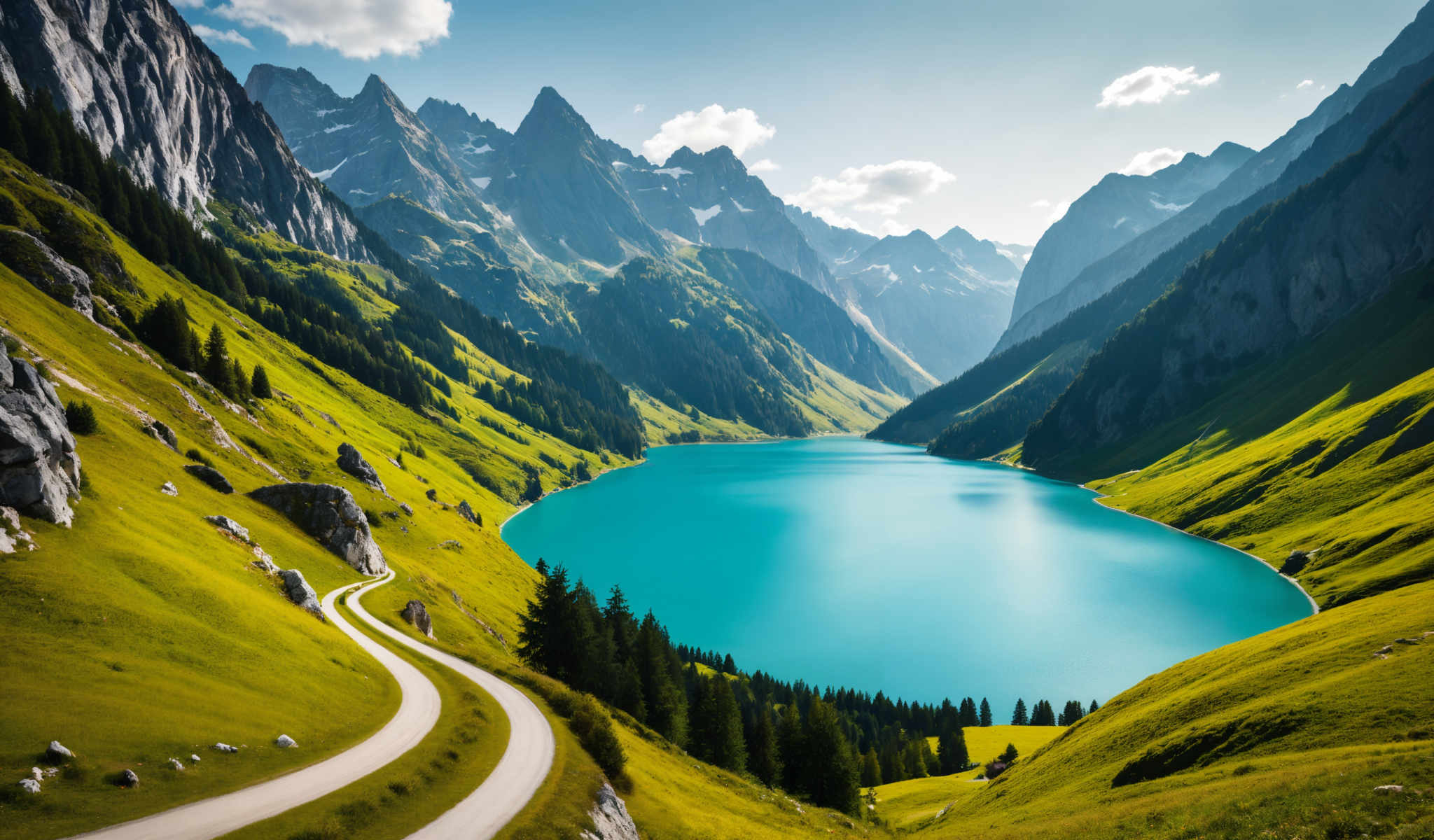 A serene mountainous landscape with a beautiful turquoise lake in the center. The lake is surrounded by lush greenery and towering mountains. A winding road leads up to the lake inviting visitors to explore the area. The sky above is a clear blue adding to the tranquility of the scene. The image captures the beauty of nature and the peacefulness of the location.