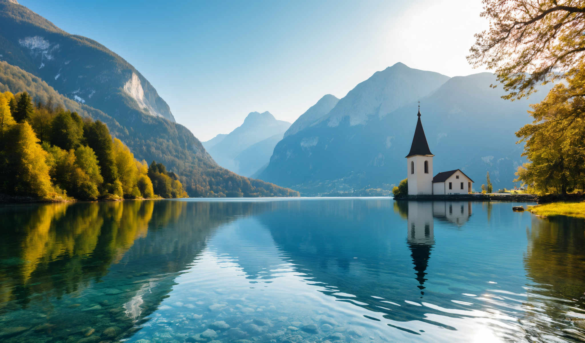 A serene lake with a small island in the center. On the island there is a white church with a black roof and a steeple. The church is surrounded by trees. The lake is surrounded mountains. The sky is blue and clear. The water in the lake is calm and clear reflecting the sky and the mountains.