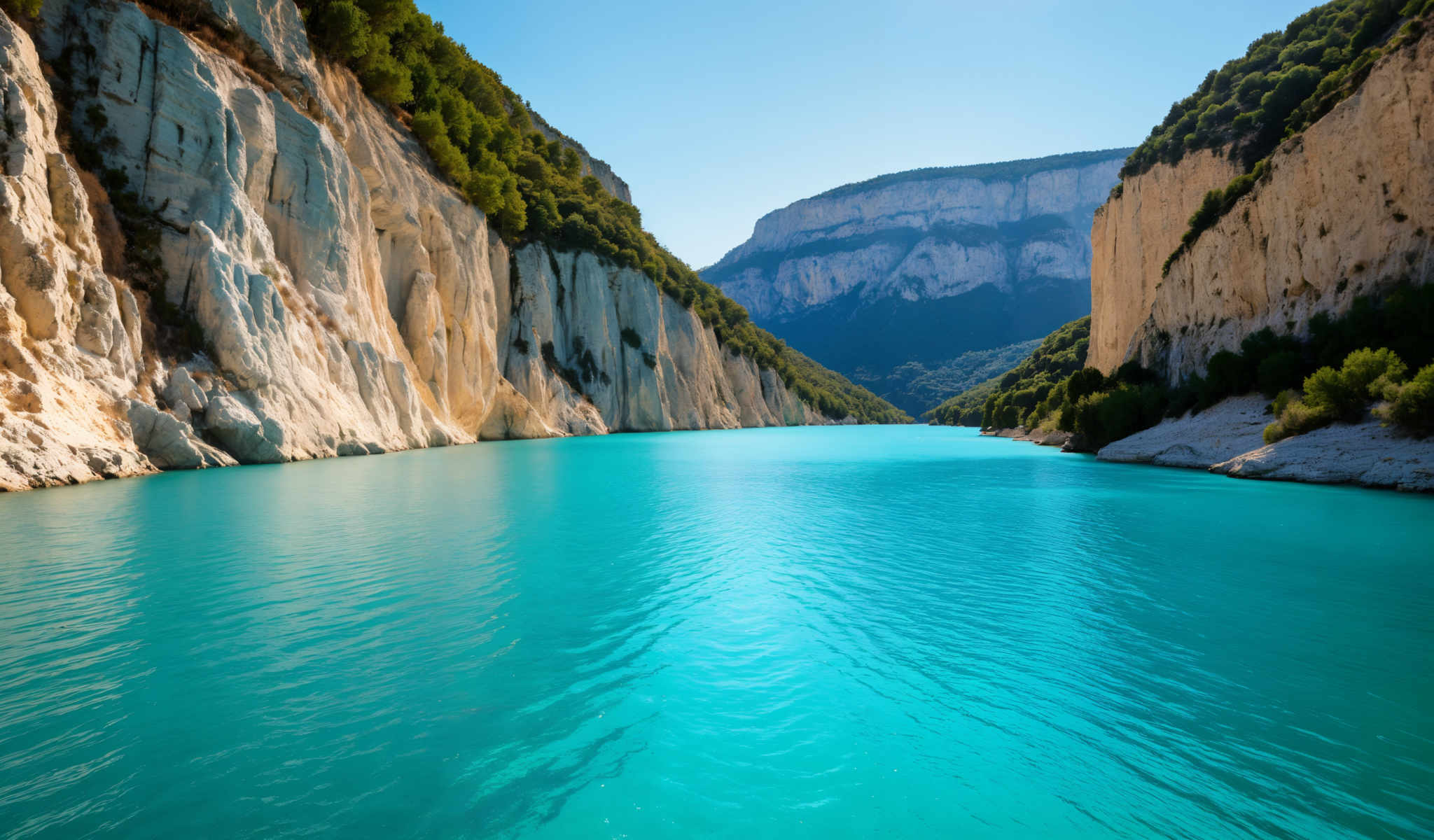 A serene lake with a mountainous backdrop. The lake is a beautiful shade of blue and the mountains are a mix of white and green. The sky above is clear and blue. The mountains are covered in trees and shrubs adding to the natural beauty of the scene. The water in the lake is calm and still reflecting the sky and mountains. The image captures the tranquility and beauty of nature.