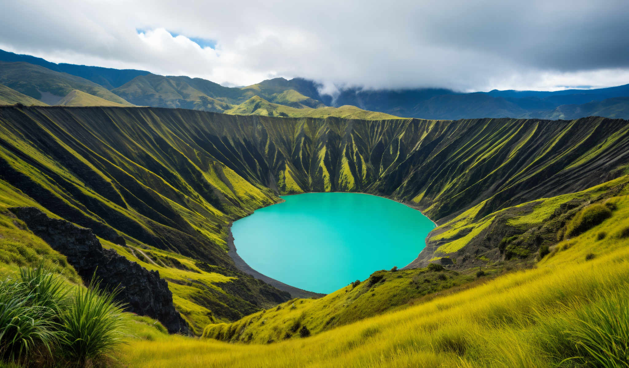 A beautiful view of a mountainous landscape with a large blue lake in the center. The mountains are covered in lush green vegetation. The sky is cloudy and blue. The lake is surrounded by green hills. The image is taken from a high vantage point providing a panoramic view of the stunning scenery.