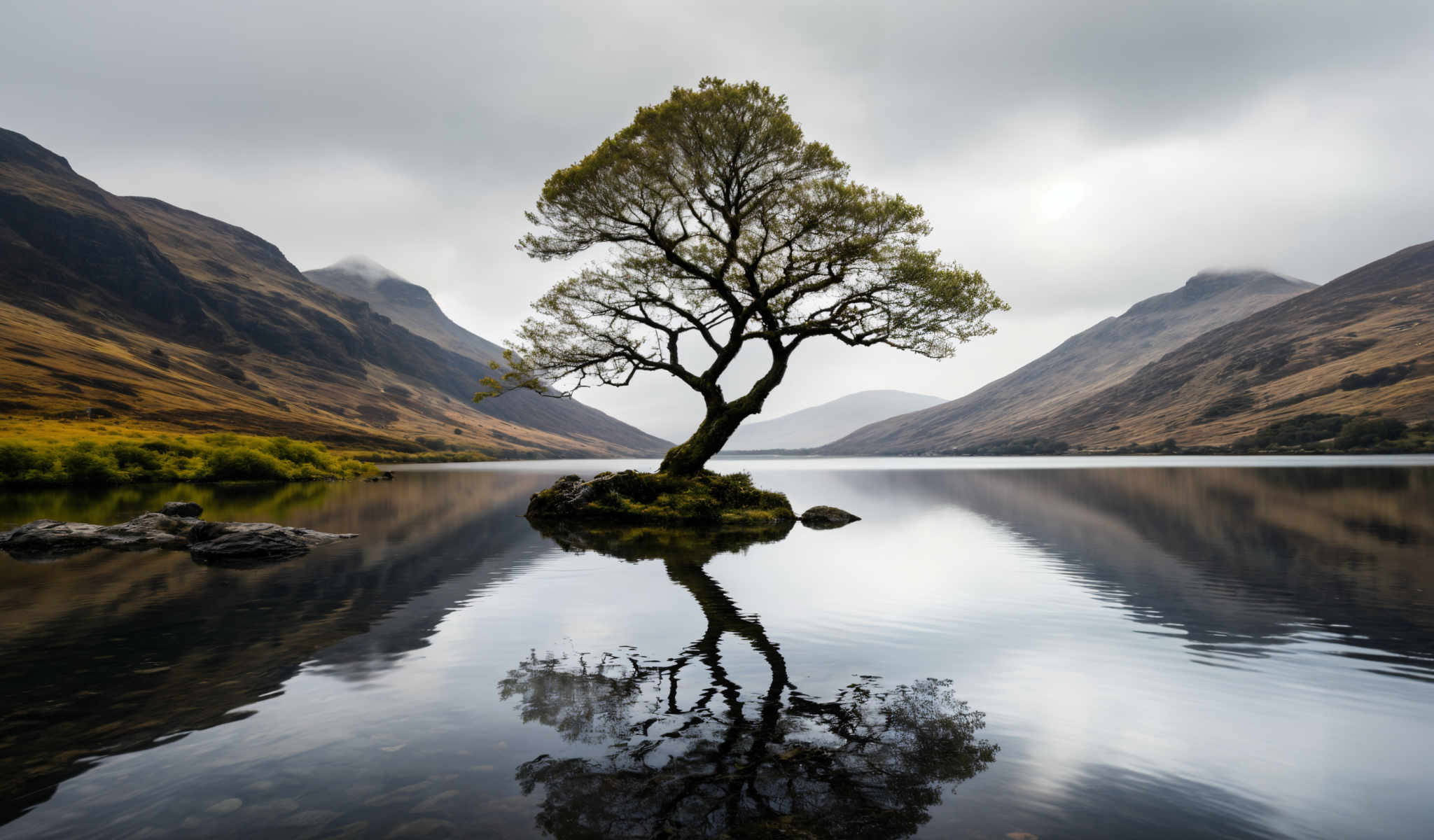 A tree stands on a small island in the middle of a lake. The tree is surrounded by water and has a reflection in the water. The lake is surrounded mountains. The sky is cloudy.