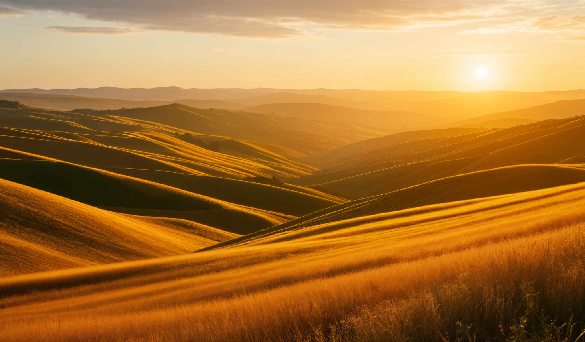 The image captures a breathtaking view of a vast rolling landscape bathed in the warm glow of a setting sun. The hills blanketed in a lush carpet of green grass stretch out as far as the eye can see. The sun a radiant orb of light is descending behind these hills casting long shadows and bathing the scene in a golden hue. The sky above is a clear unblemished blue providing a stark contrast to the vibrant colors below. The image is taken from a high vantage point offering a panoramic view of the landscape. The overall composition of the photo suggests a sense of tranquility and natural beauty.