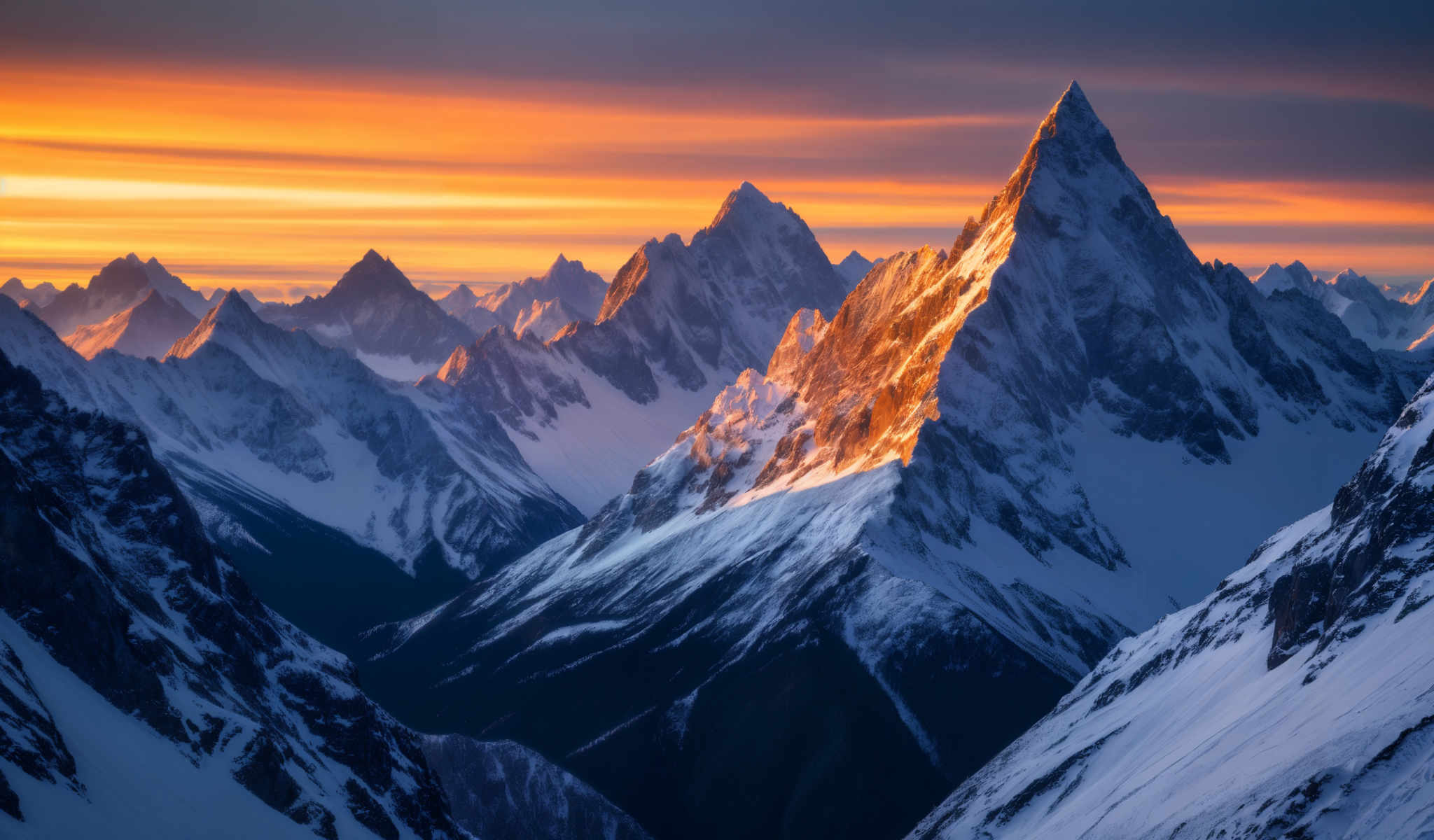 A breathtaking view of a mountain range at sunset. The mountains are covered in snow and the sun is setting behind them creating a beautiful orange glow. The sky is a deep blue and the clouds are white. The photo is taken from a high vantage point looking down on the mountains. The image is a stunning representation of nature's beauty.