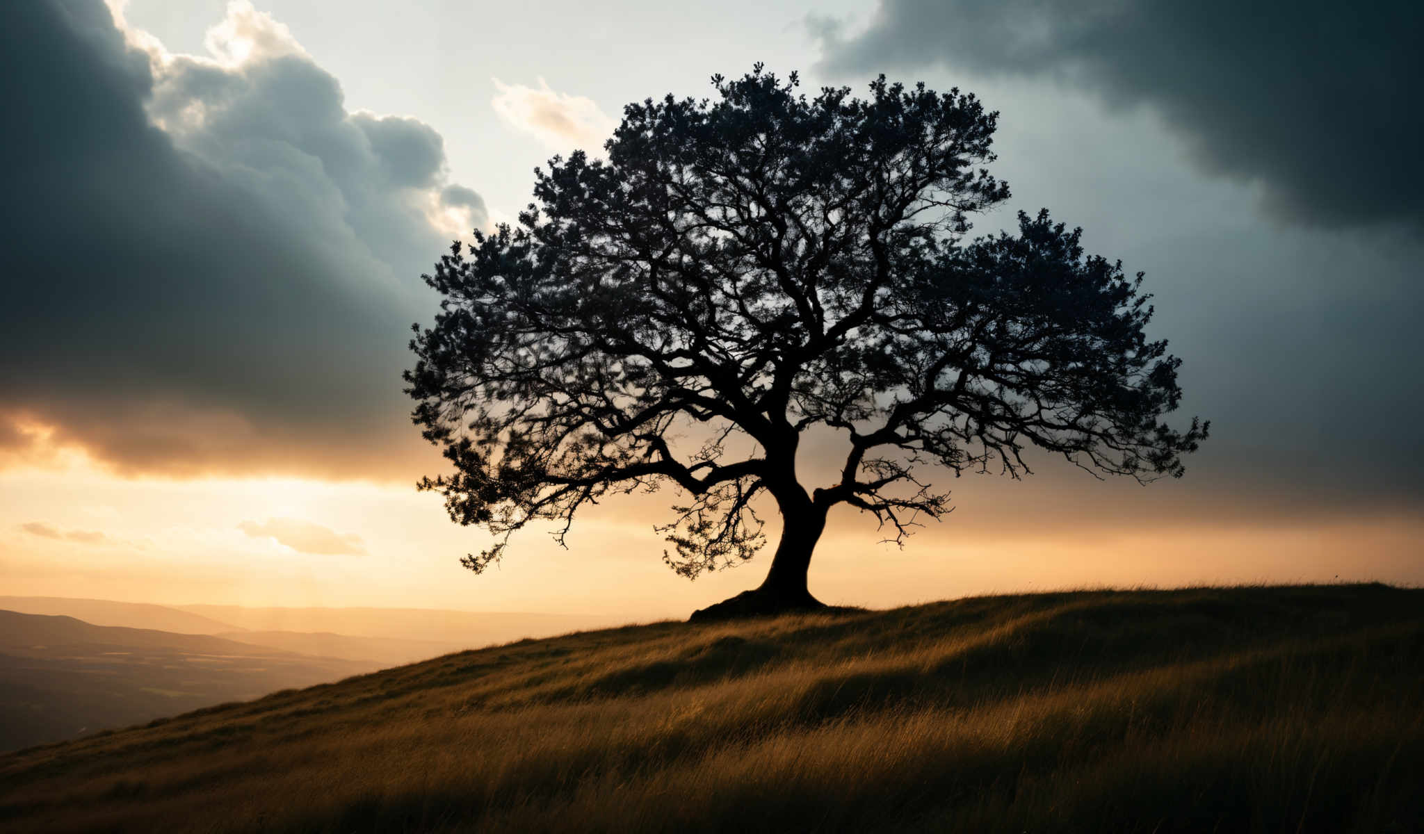 A large tree with a lot of branches and leaves stands on a hill. The tree is surrounded by tall grass. The sky is cloudy and the sun is setting creating a beautiful backdrop for the tree.