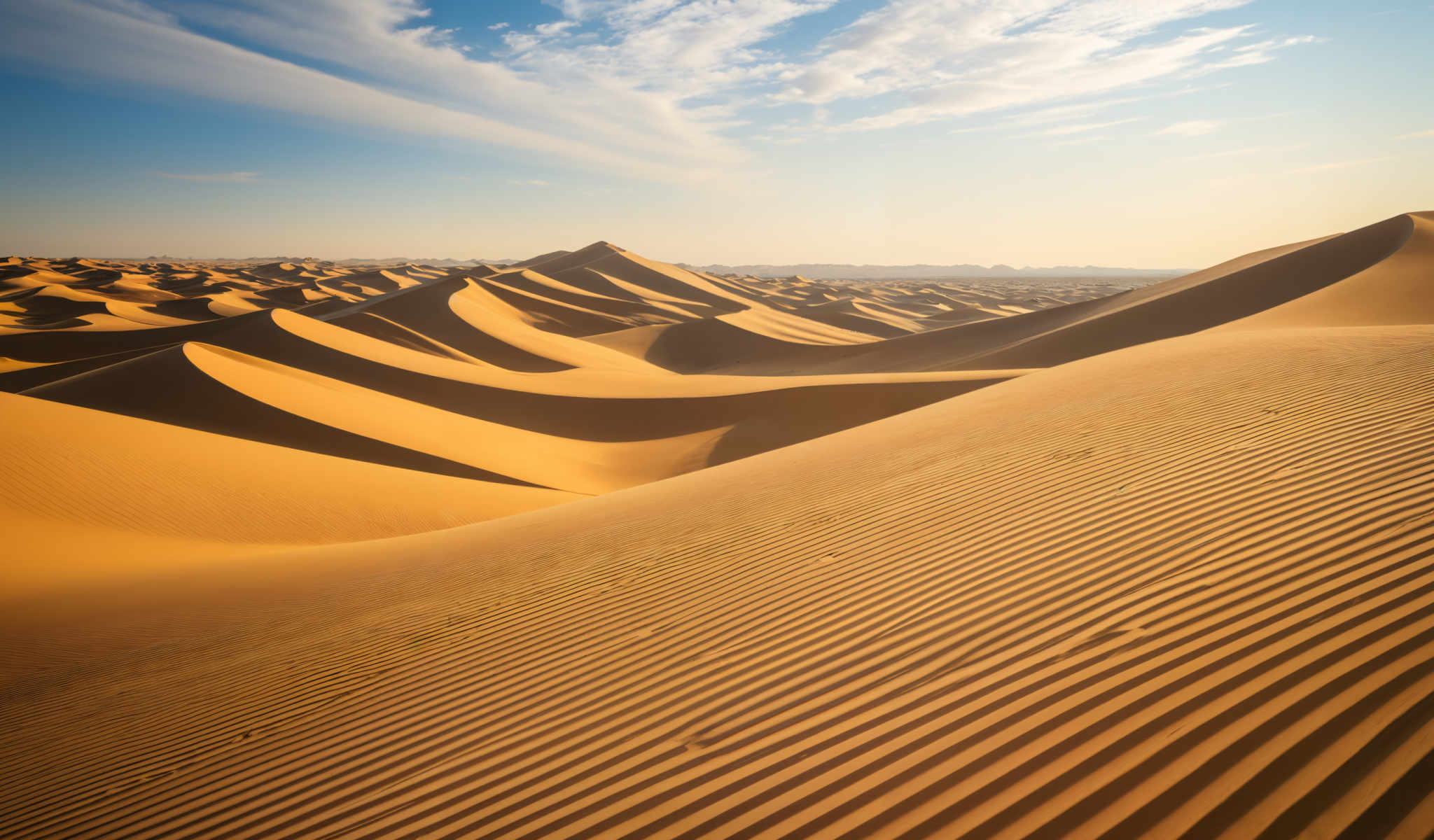 A desert landscape with sand dunes and a clear blue sky.