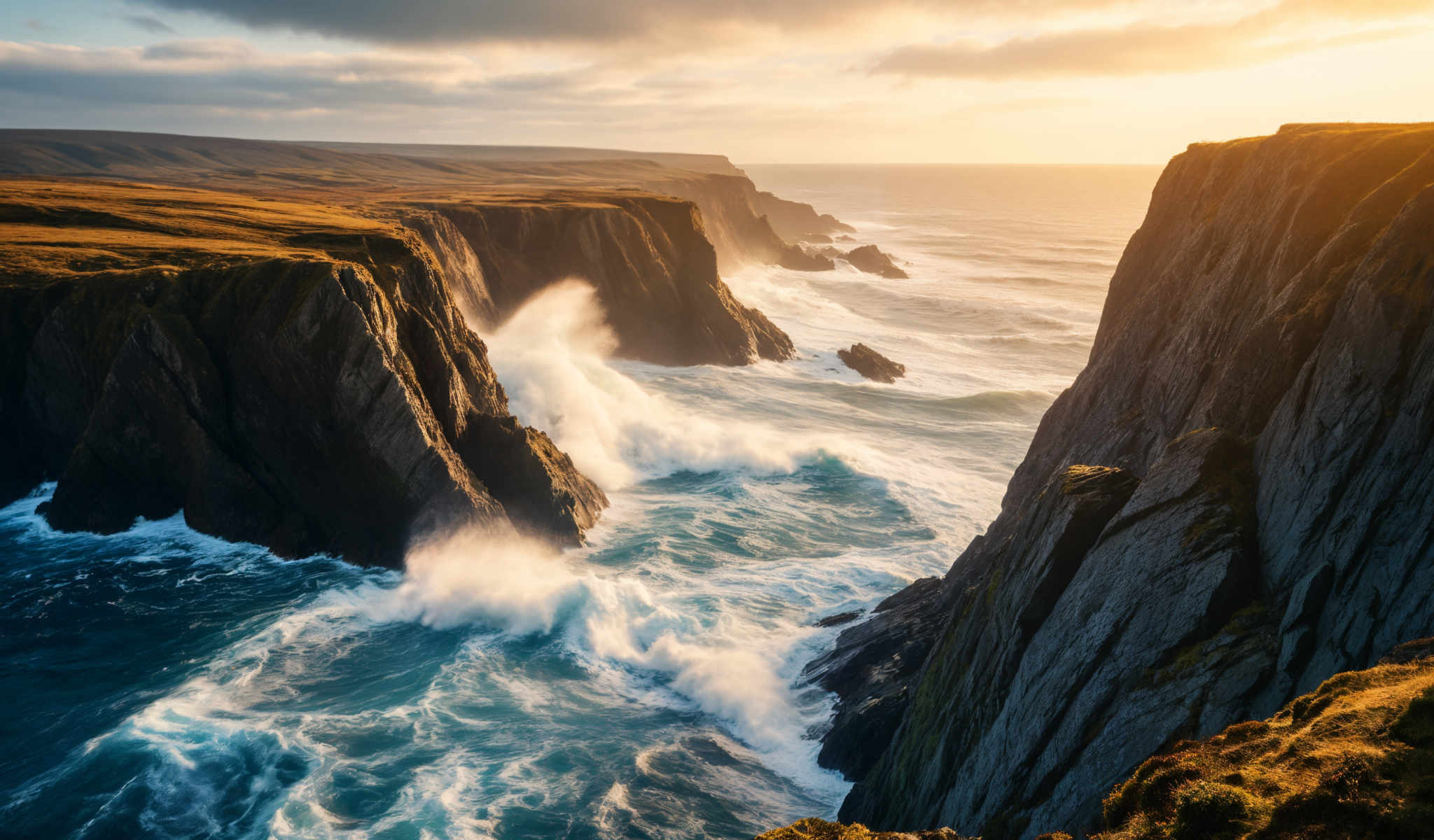 A breathtaking view of a rocky coastline with a large wave crashing against the rocks. The sky is painted with hues of orange and yellow indicating that the photo was taken during sunset. The water is a deep blue contrasting with the green vegetation that adorns the cliff. The perspective of the photo is from a high vantage point looking down at the wave and the coastline. The image captures the raw beauty and power of nature.