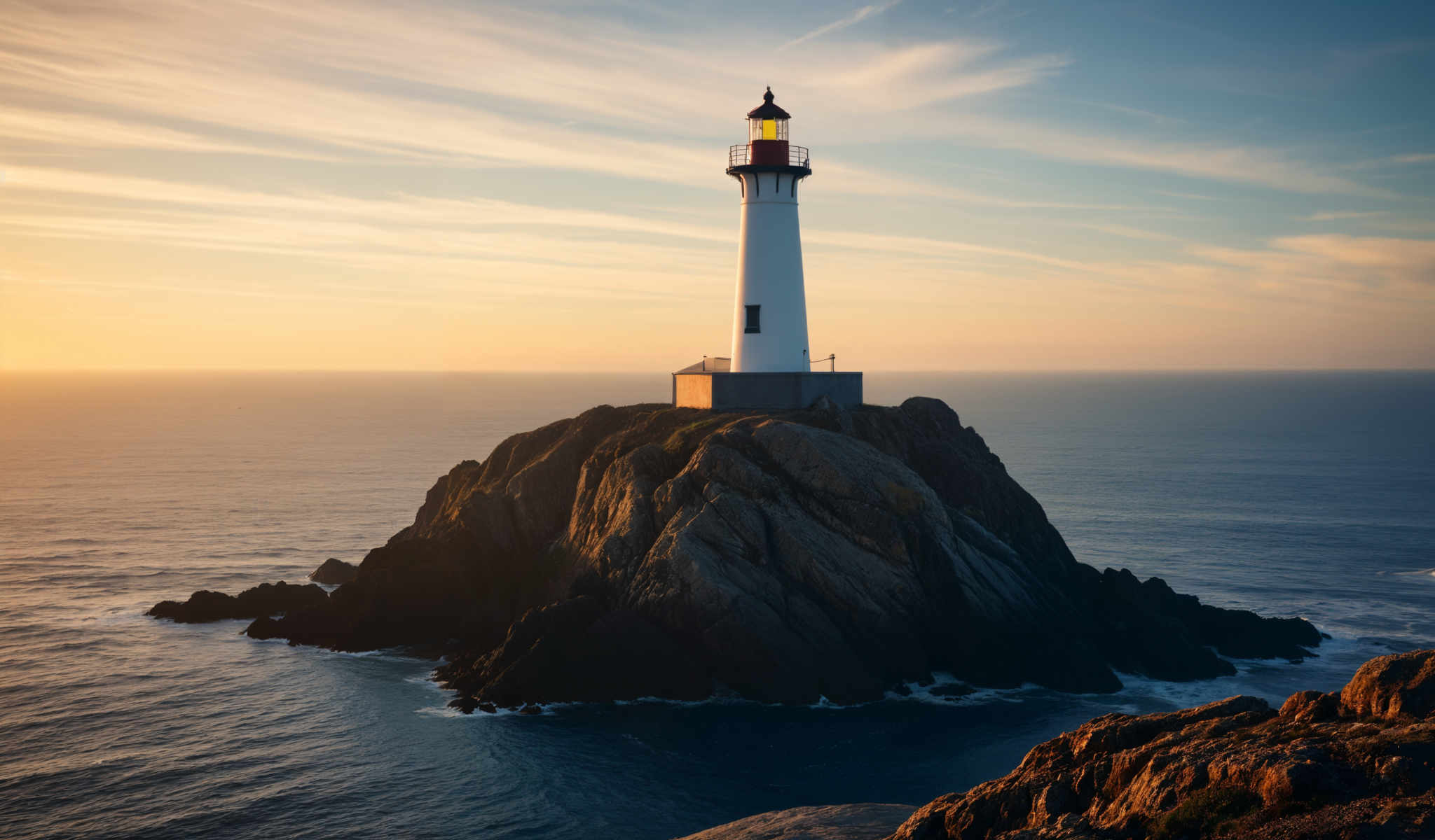 A lighthouse stands on a rocky island in the ocean. The lighthouse is white with a red top and a yellow light. The sky is blue with clouds. The ocean is blue and white. The island is rocky. The photo is taken from a distance. The image is clear and bright. The colors are vibrant. The perspective is from above. The landmark is the lighthouse. The location is the ocean island. The time of day is sunset. The weather is clear. The water is calm. The rocks are jagged. The light is shining brightly. The background is the sky and ocean.