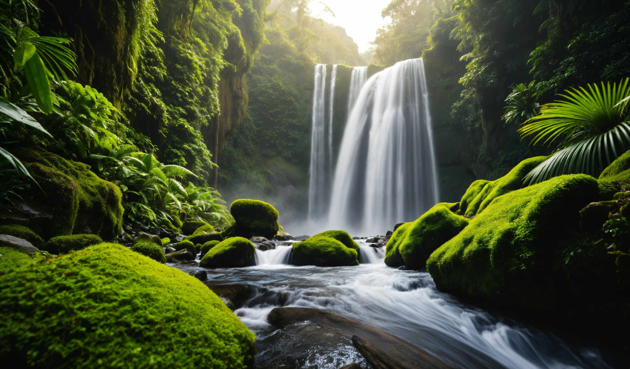 A waterfall cascades down a rocky cliff surrounded by lush greenery.