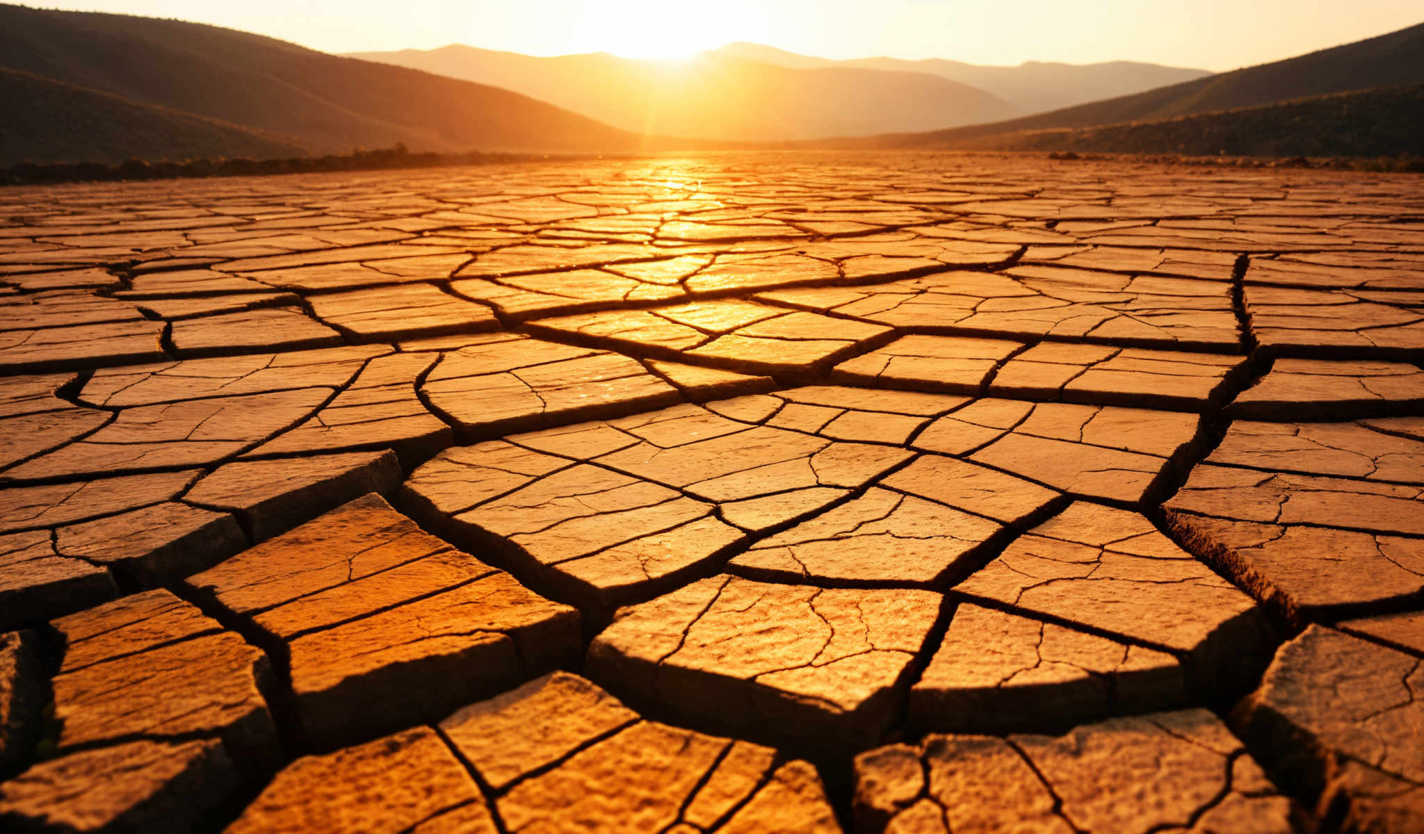 A desert landscape with a cracked orange ground and a sunset in the background.