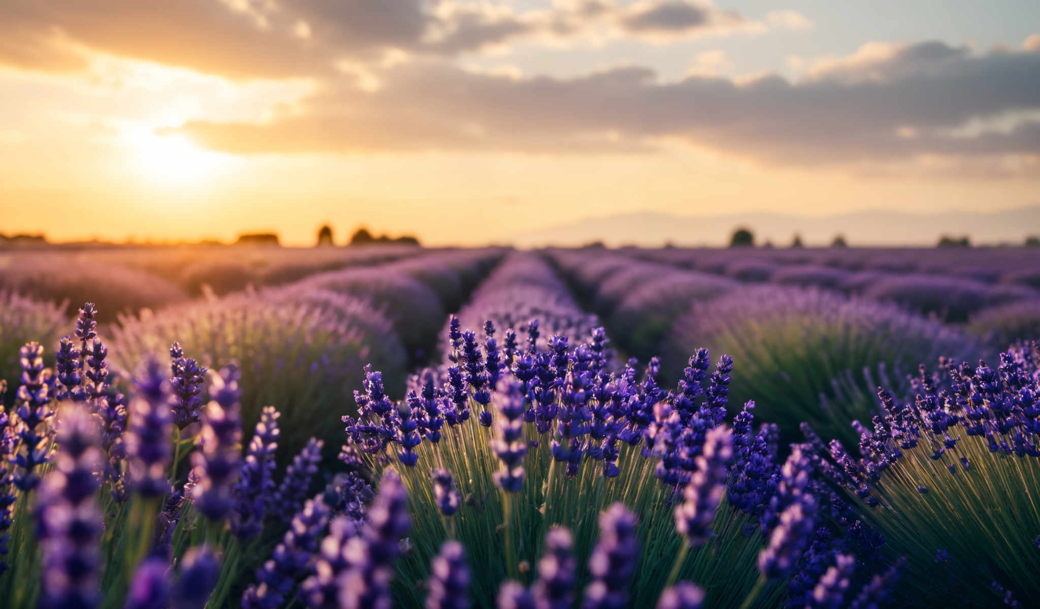 A field of lavender flowers under a cloudy sky.