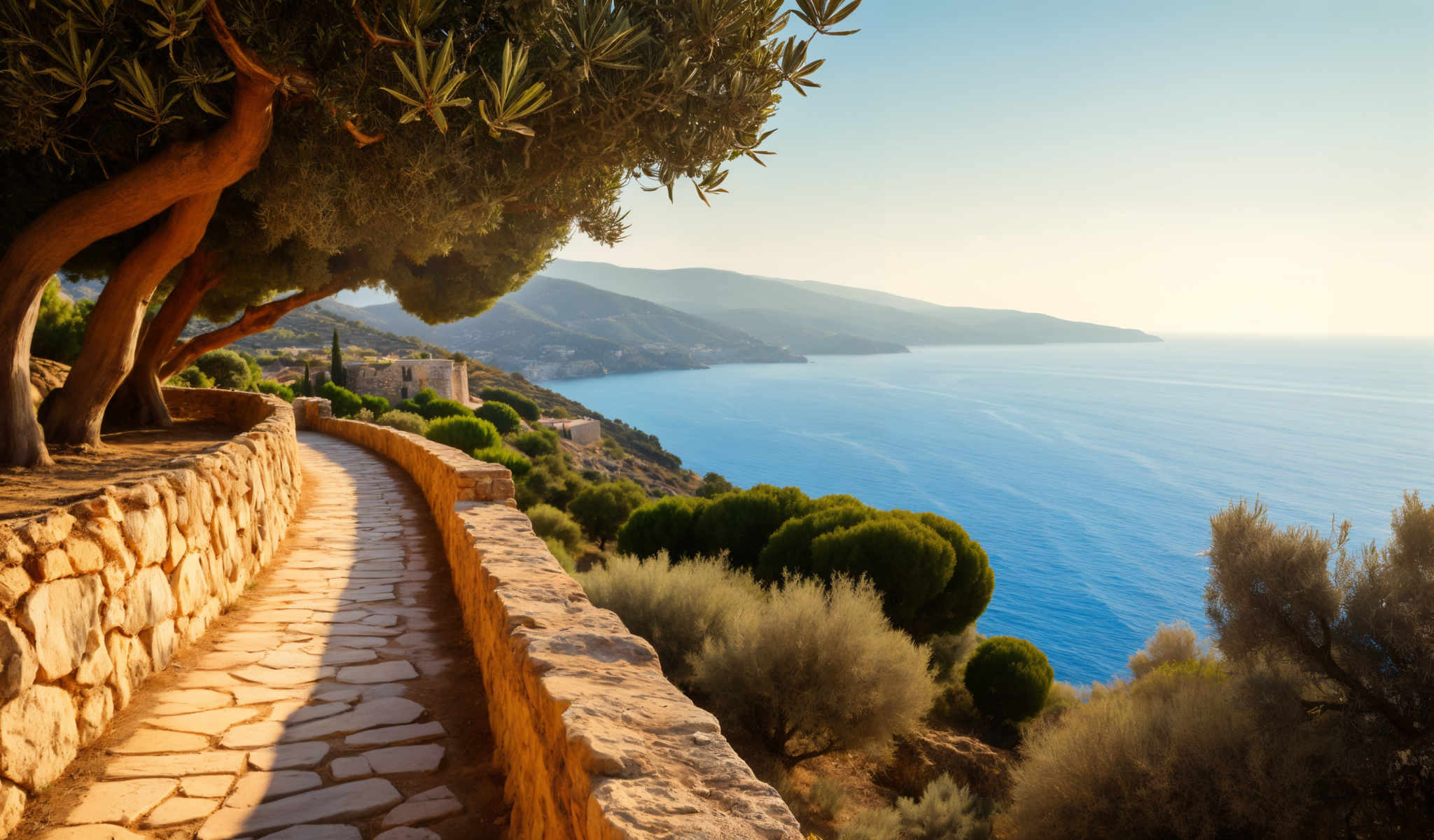 A picturesque view of a coastal town with a stone path leading to the water. The town is nestled on a hillside surrounded by lush greenery. The water is a deep blue reflecting the clear sky above. The sky is a light blue with a few clouds scattered across it. The image captures the serene beauty of the town and its natural surroundings.