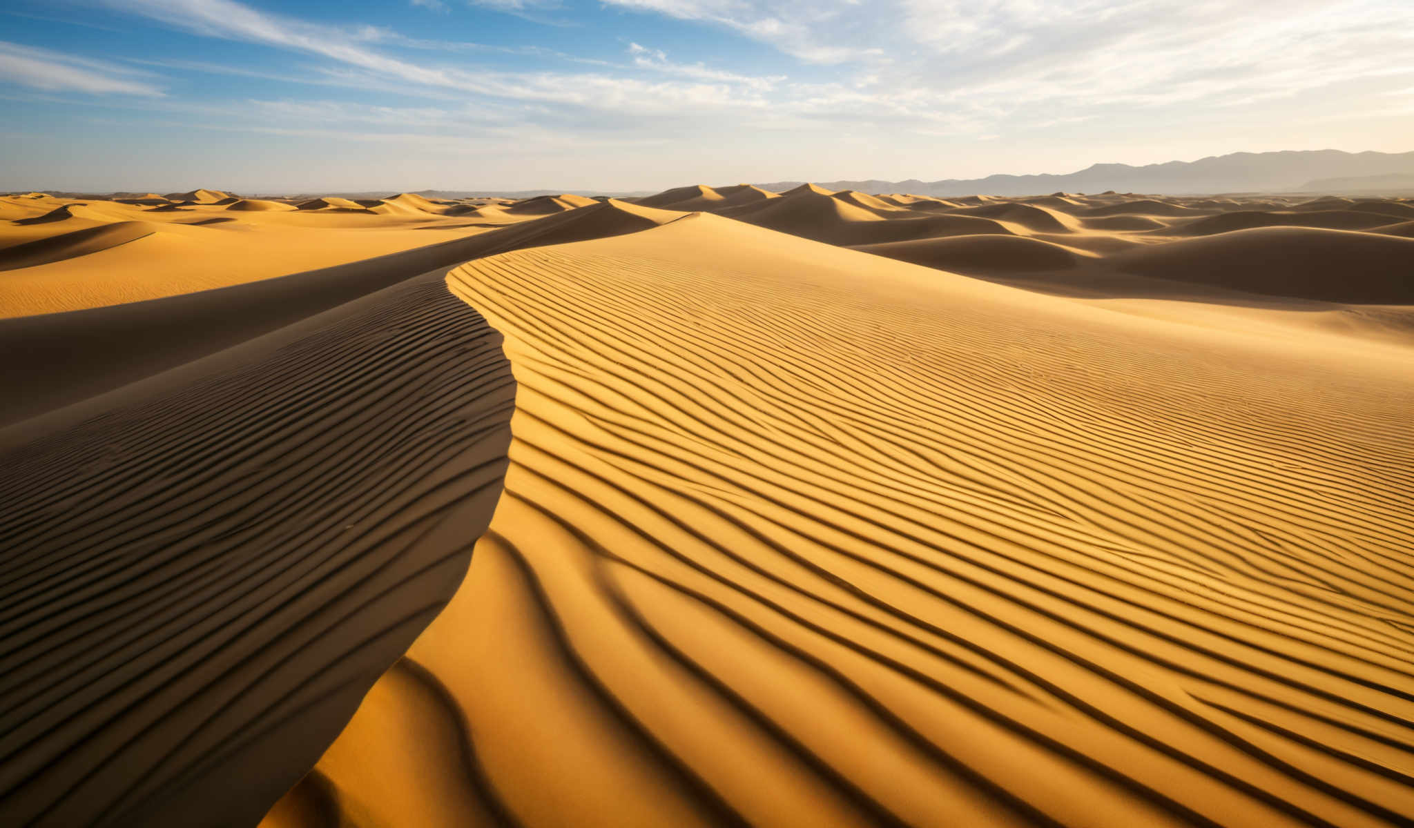 A desert landscape with sand dunes and a blue sky.