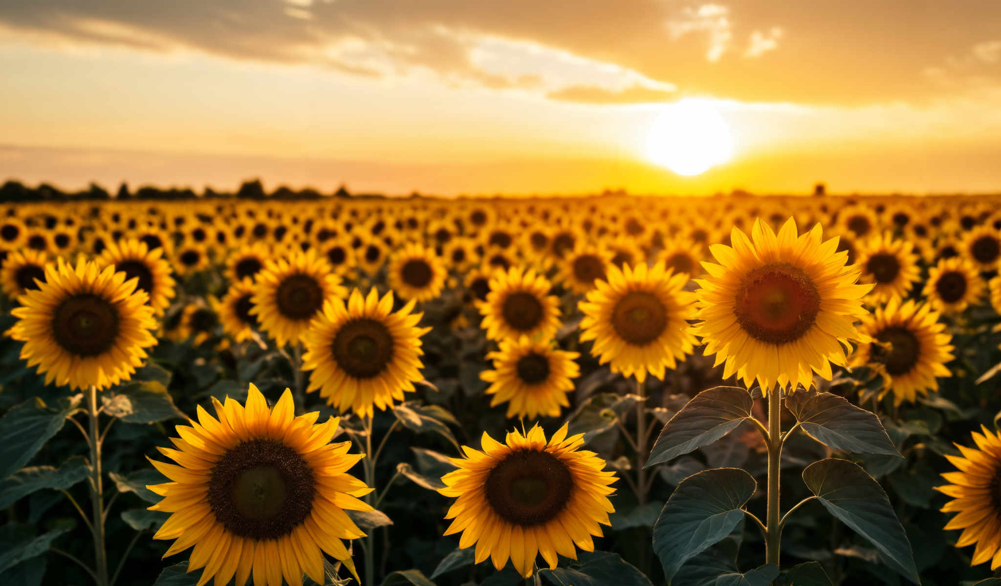 A field of sunflowers with the sun setting in the background.