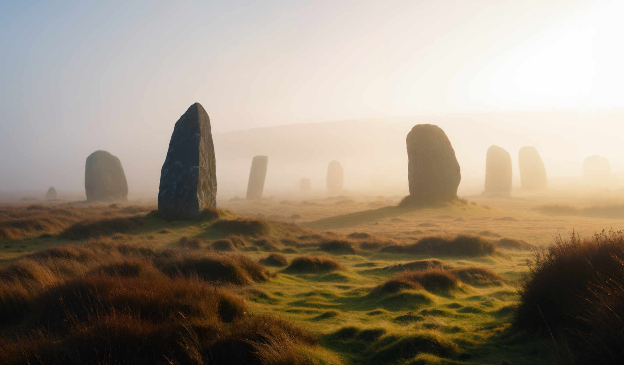 The image captures a serene landscape dominated by a foggy field. The field is dotted with tall jagged rocks that are primarily gray and brown in color. These rocks are scattered across the field some standing alone others clustered together. The fog adds a sense of mystery to the scene obscuring the background and creating a hazy atmosphere. The image is taken from a low angle which emphasizes the height of the rocks and gives the viewer a sense that they are standing in the field. Despite the fog the image conveys a sense calm and tranquility.