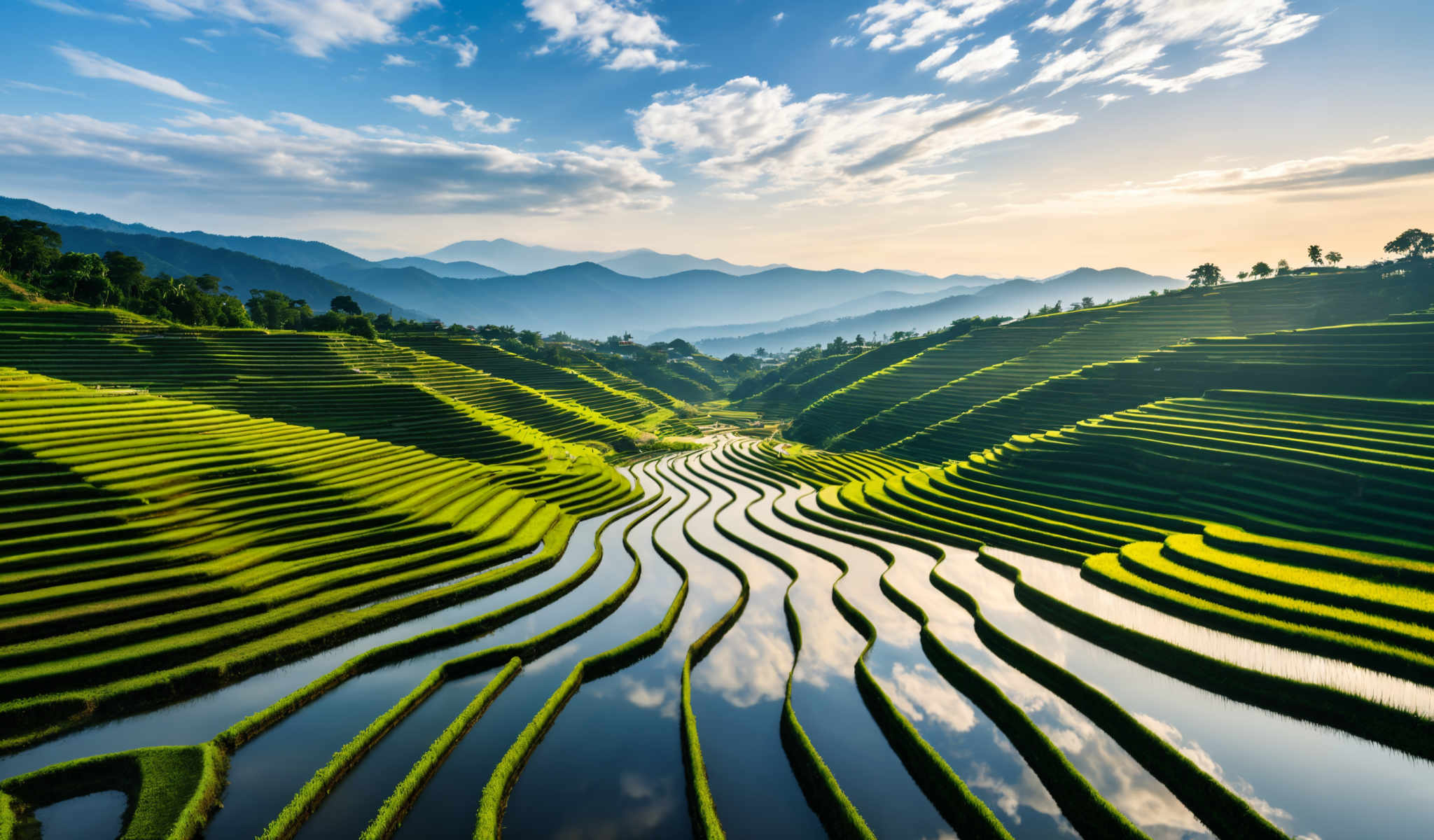 A beautiful view of a valley with a river running through it. The valley is filled with rice paddies that are a vibrant green color. The paddies are arranged in a zig-zag pattern creating a mesmerizing pattern that is reflected in the water below. The river which is the central focus of the photo is surrounded by these paddies. The water in the river is a deep blue color providing a stark contrast to the green of the paddies.

The background of the scene is filled by mountains that are covered in a lush green vegetation. The mountains are located in the distance providing depth to the image and creating a sense of scale. The sky above is a clear blue with a few clouds scattered across it adding to the overall beauty of the landscape.

The image is taken from a high vantage point looking down into the valley. This perspective allows for a comprehensive view of the entire scene from the rice paddles in the foreground to the mountains in the background. The image does not contain any text or man-made objects making it a pure representation of nature's beauty. The relative positions of the objects in the image such as the river in the center the paddles surrounding it and the