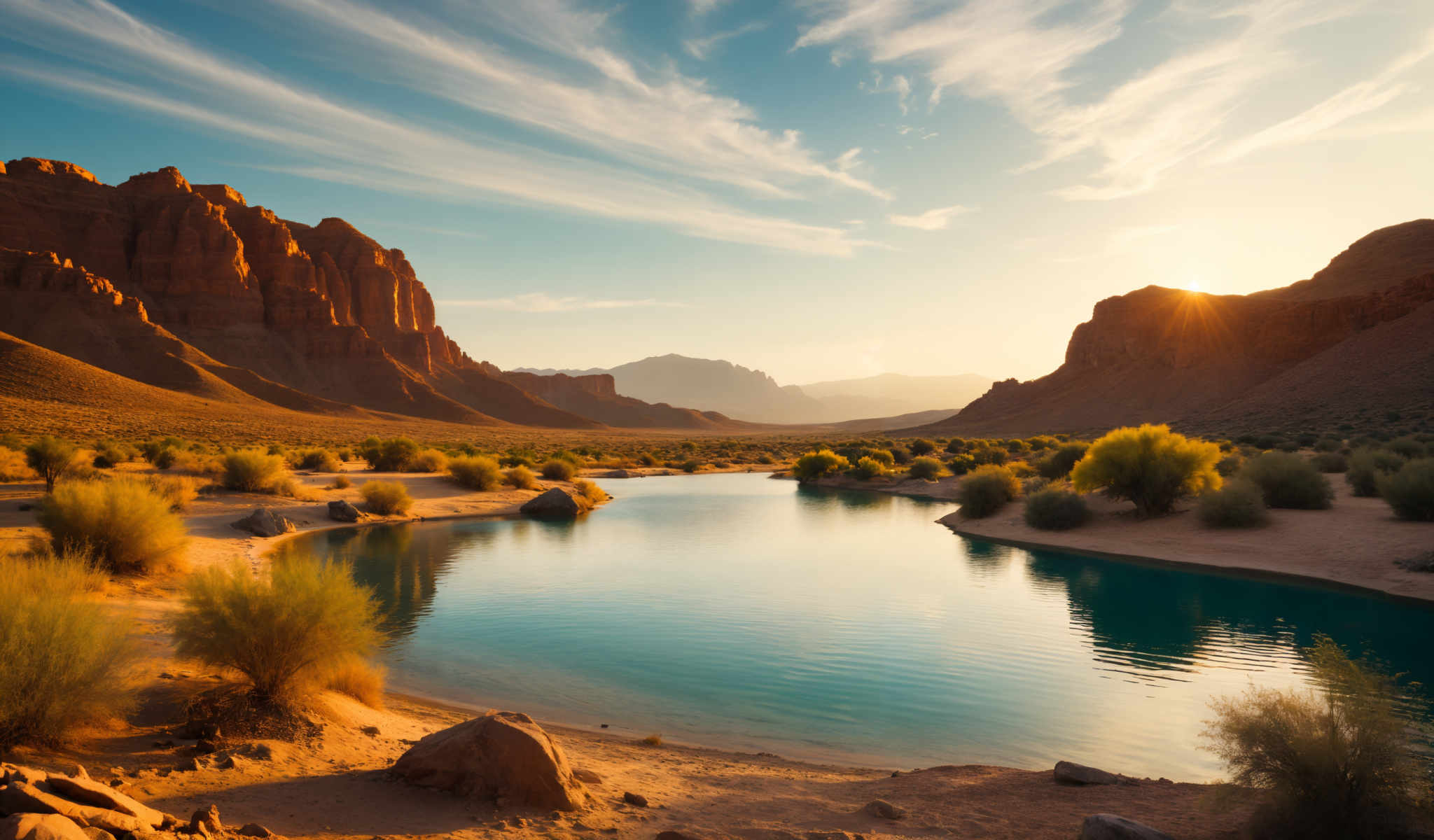 A serene desert landscape with a large body of water in the center. The water is surrounded by rocks and shrubs and the sky is a clear blue with a few clouds. The mountains in the background are a reddish-brown color and they are covered in a thin layer of snow. The sun is setting casting a warm glow over the entire scene.