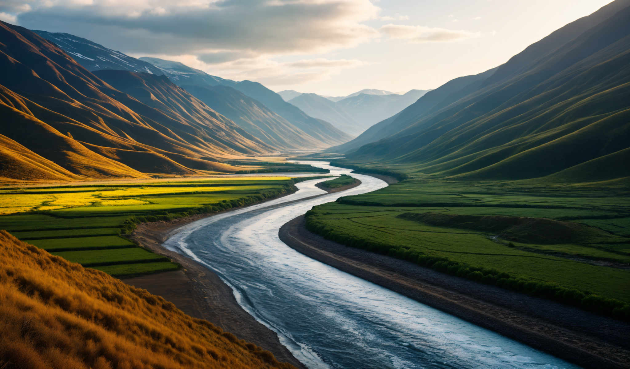 A winding river cuts through a valley between two mountains. The river a deep blue is surrounded by lush greenery. The mountains covered in a mix of green and brown vegetation tower over the river. The sky above is a clear blue with a few clouds scattered across it. The image captures the serene beauty of nature.