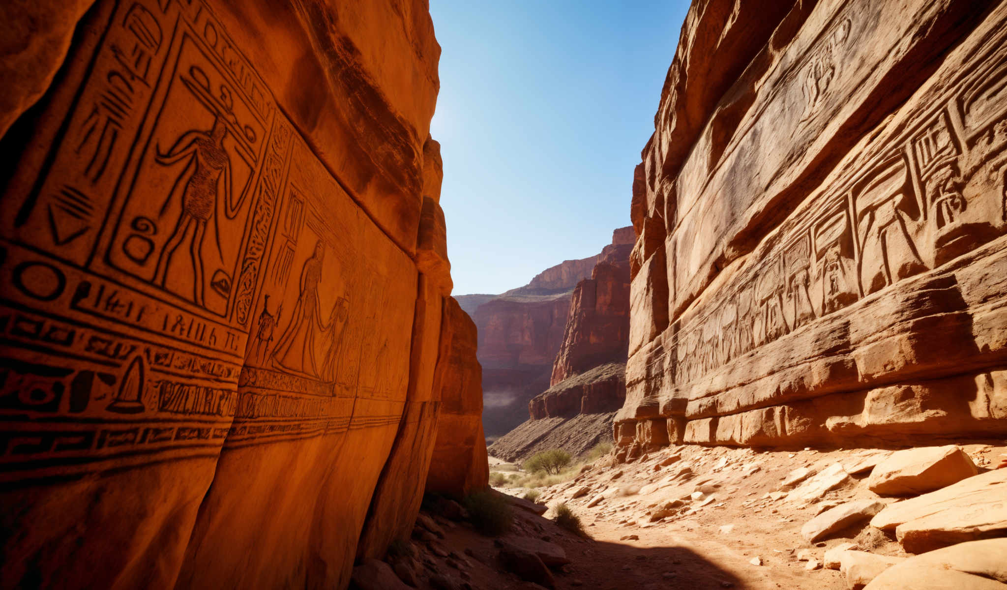 The image captures a scene of ancient ruins. The ruins are carved into a red rock cliff with hieroglyphics etched into the surface. The sun casts shadows on the right side of the cliff adding depth to the scene. The sky above is a clear blue providing a stark contrast to the red of the rock. The image is taken from a low angle looking up at the cliff. The perspective gives a sense of scale and grandeur to the ruins. Despite the passage of time the hierogglyphics remain clear hinting at the rich history of the site. The overall scene is a testament to the enduring power of ancient civilizations.