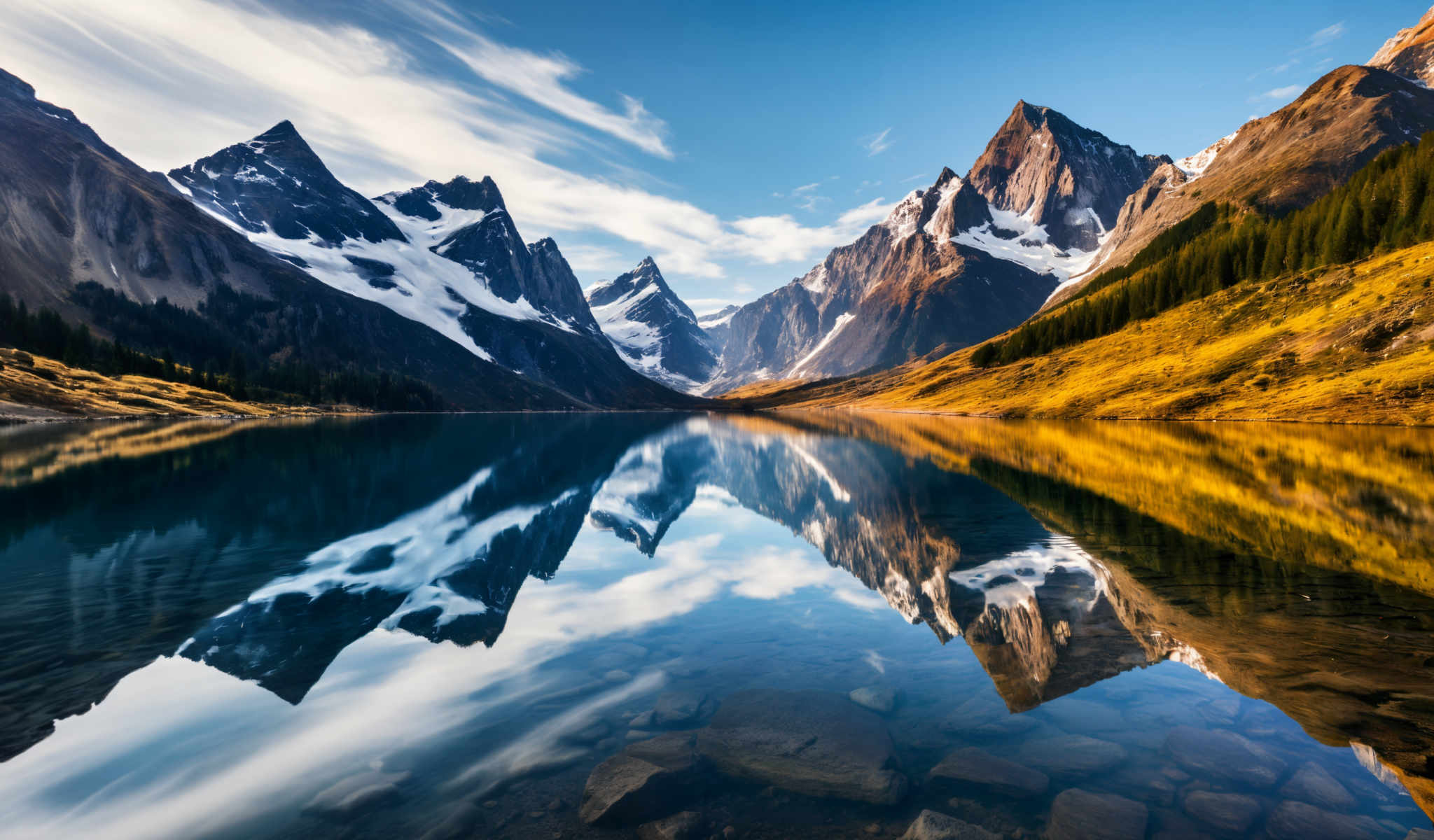 A serene mountain landscape with a lake in the foreground. The mountains are covered in snow and the sky is blue. The lake is calm and clear reflecting the mountains and the blue sky. The image is taken from a low angle giving a sense of scale and grandeur to the mountains. The colors in the image are vibrant with the blue of the sky and the green of the mountains contrasting beautifully with the clear blue of water. The snow on the mountains adds a touch of white to the scene. The overall effect is a peaceful and beautiful landscape that is both calming and awe-inspiring.