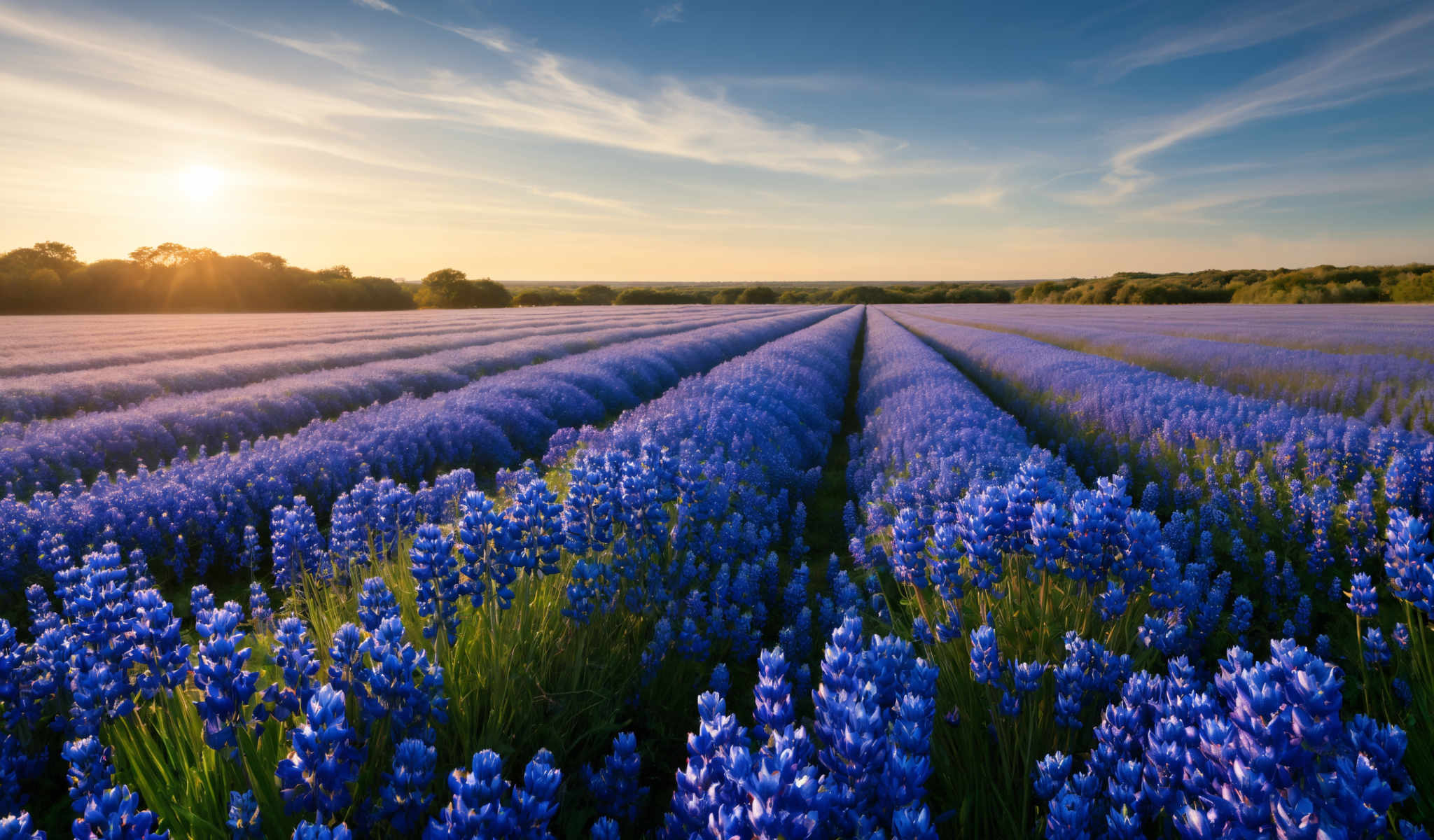 A field of blue flowers under a clear blue sky.