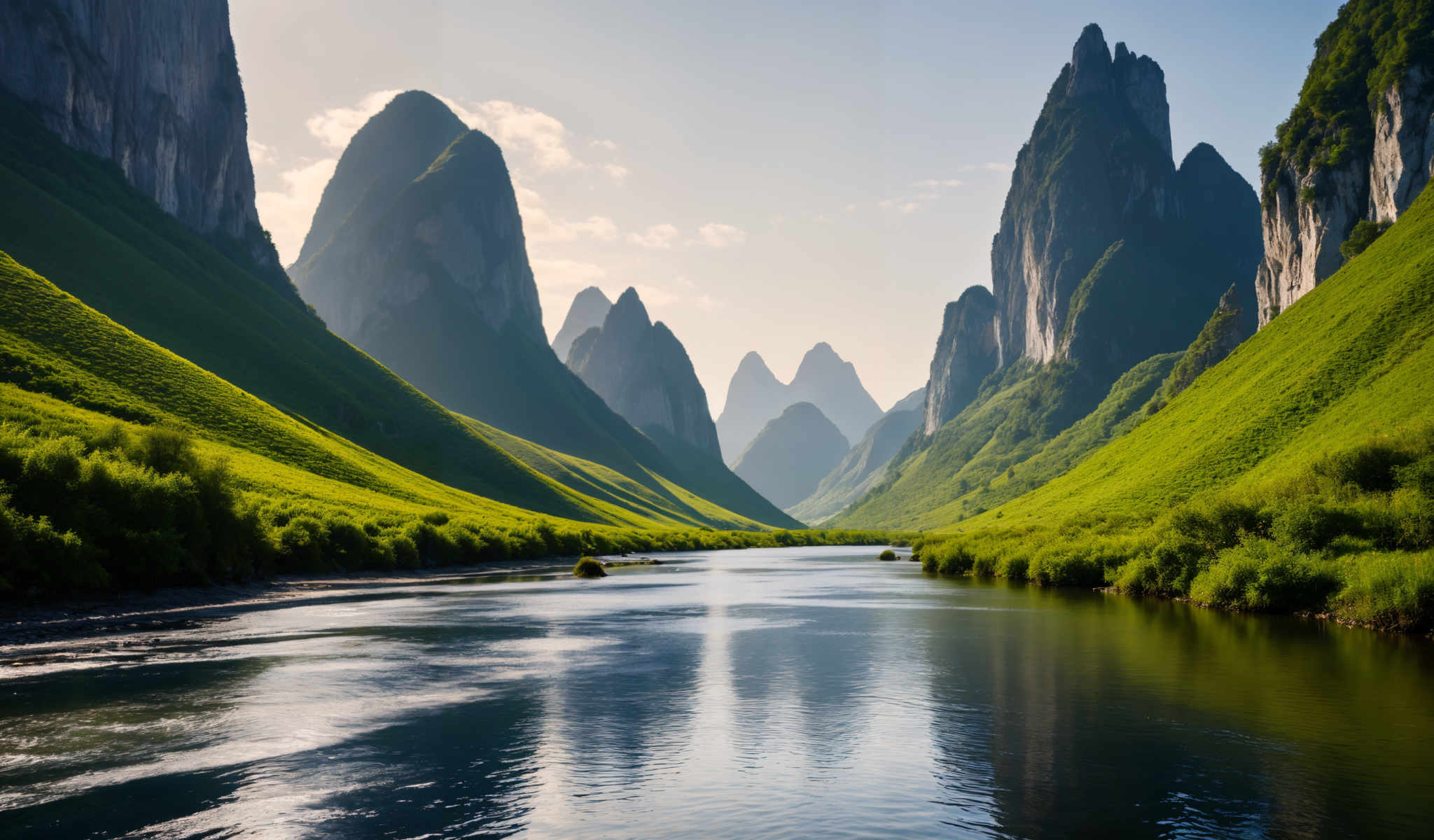 A serene landscape of a mountainous area with a river flowing through it. The mountains are covered in lush greenery and the river is surrounded by a variety of plants. The sky above is a clear blue and there are no clouds visible. The image is taken from a distance allowing for a full view of the beautiful scenery. The colors in the image are vibrant and natural with the green of the vegetation contrasting with the blue of the sky and river. The overall scene is peaceful and inviting a perfect representation of nature's beauty.