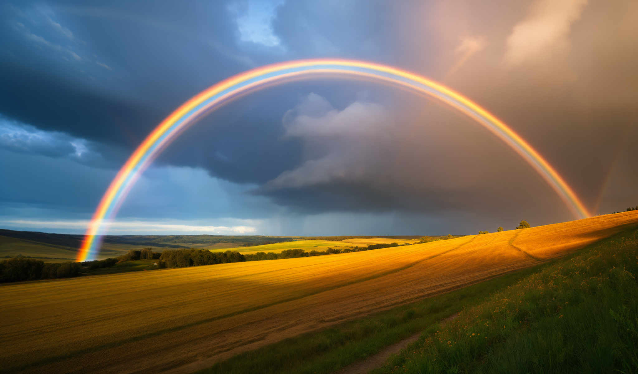 A beautiful rainbow arches over a field of golden wheat.