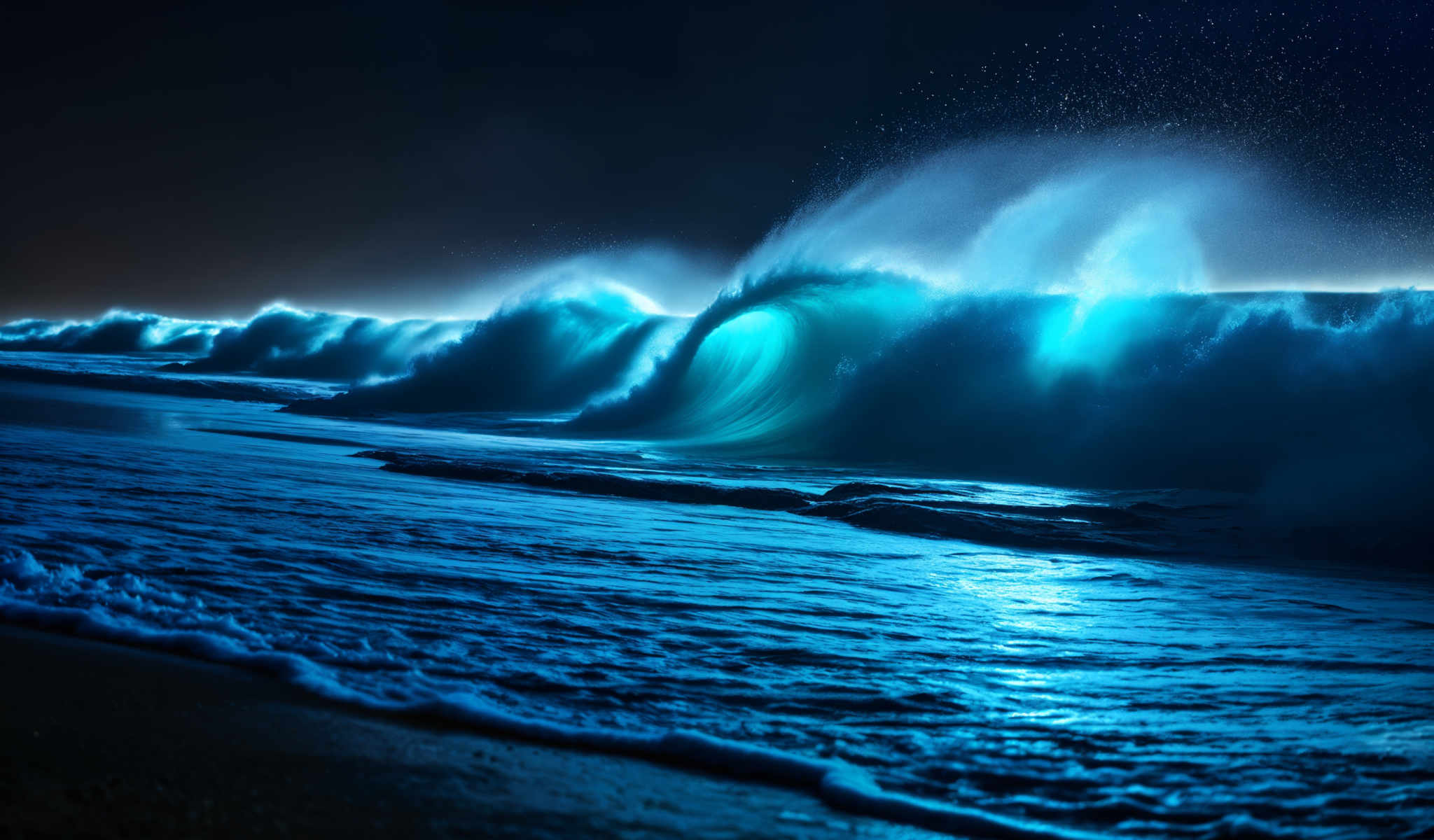 A large wave in the ocean with a blue tint.