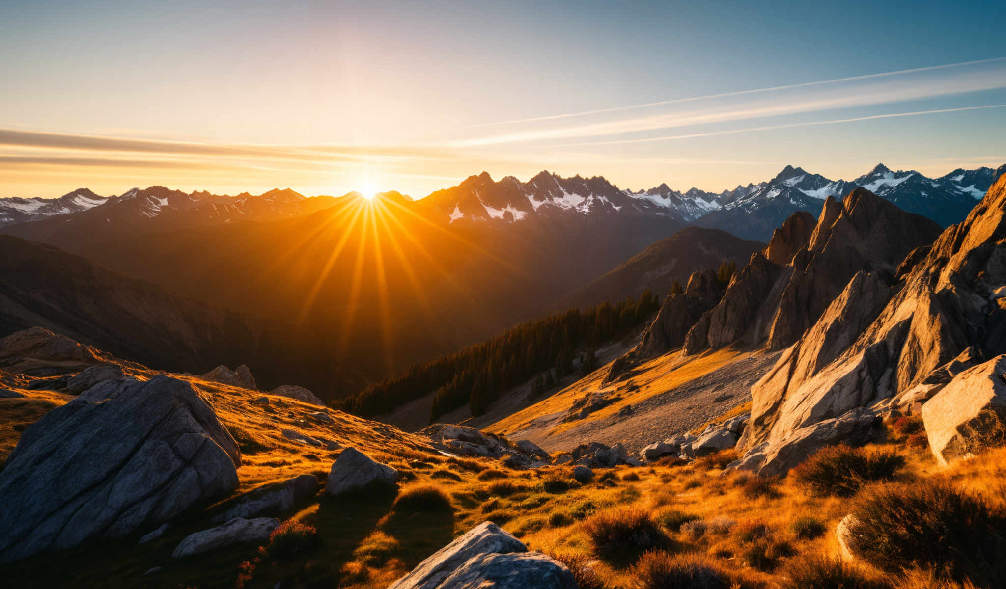 A breathtaking view of a mountain range at sunrise. The sun is shining brightly in the sky casting a warm glow on the snow-capped peaks. The mountains are bathed in a mix of orange and white hues creating a stunning contrast against the clear blue sky. The foreground is dominated by a rocky outcropping adding a rugged charm to the scene. The image captures the serene beauty of nature with the sun's rays illuminating the landscape and creating a sense of tranquility.