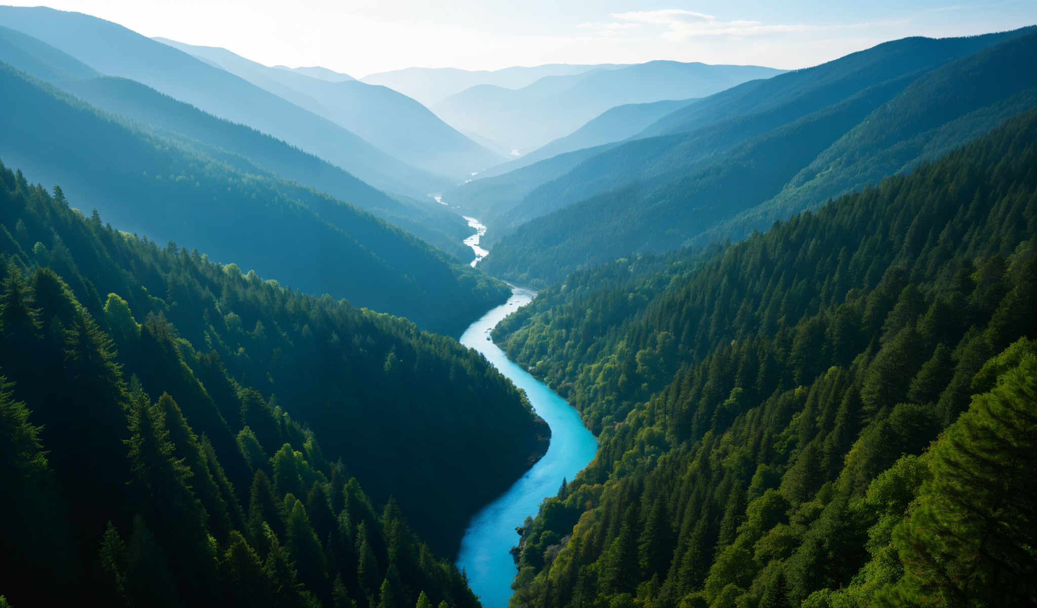 A serene mountainous landscape with a river flowing through it. The river a bright blue is surrounded by lush green trees and mountains. The mountains a mix of green and brown rise majestically in the background. The sky above is a clear blue with a few clouds scattered across it. A waterfall can be seen in the distance adding to the beauty of the scene. The image captures the tranquility and natural beauty of this landscape.