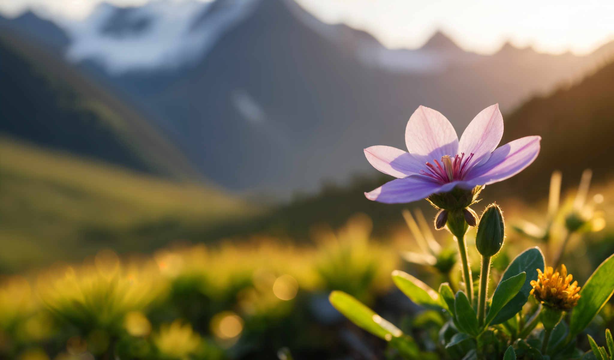 A purple flower with a yellow center is the main focus of this image. It is surrounded by green plants and mountains in the background. The flower is located in the foreground of the photo with the mountains in a hazy blue color in the distance. The sun is shining brightly in the sky creating a warm and inviting atmosphere. The image captures the beauty of nature and the tranquility of a sunny day.