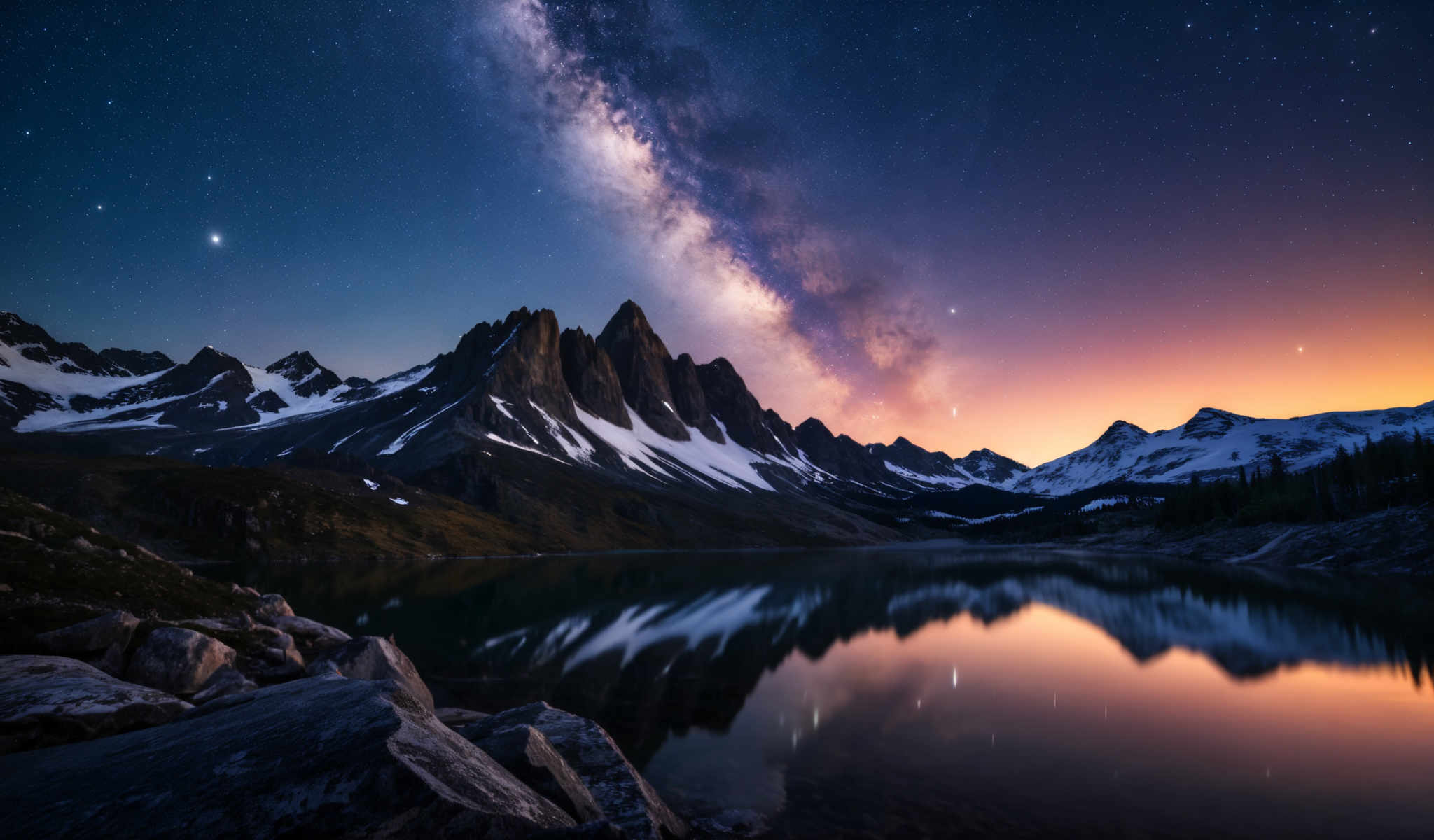 A serene mountain landscape with a lake in the foreground. The mountains are covered in snow and the sky is filled with stars. The sun is setting behind the mountains casting a warm glow. The lake is calm and still reflecting the mountains and the starry sky. The image is taken from a high vantage point giving a panoramic view of the landscape. The colors in the image are predominantly blue white and orange. The blue comes from the sky and the lake the white from the snow on the mountains. The orange comes from a sunset glow.