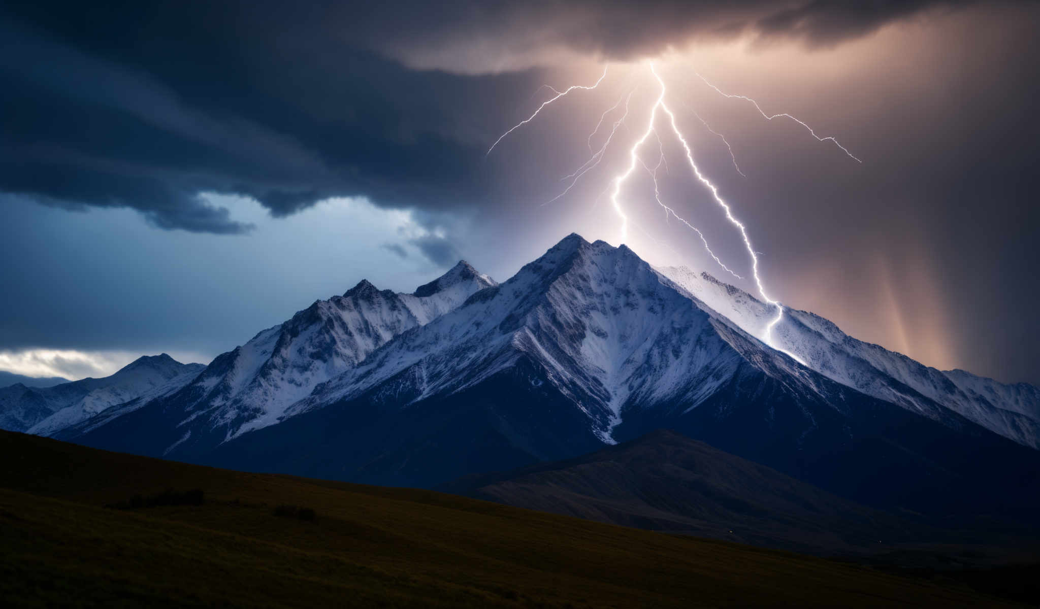 A mountain range with a stormy sky above it.