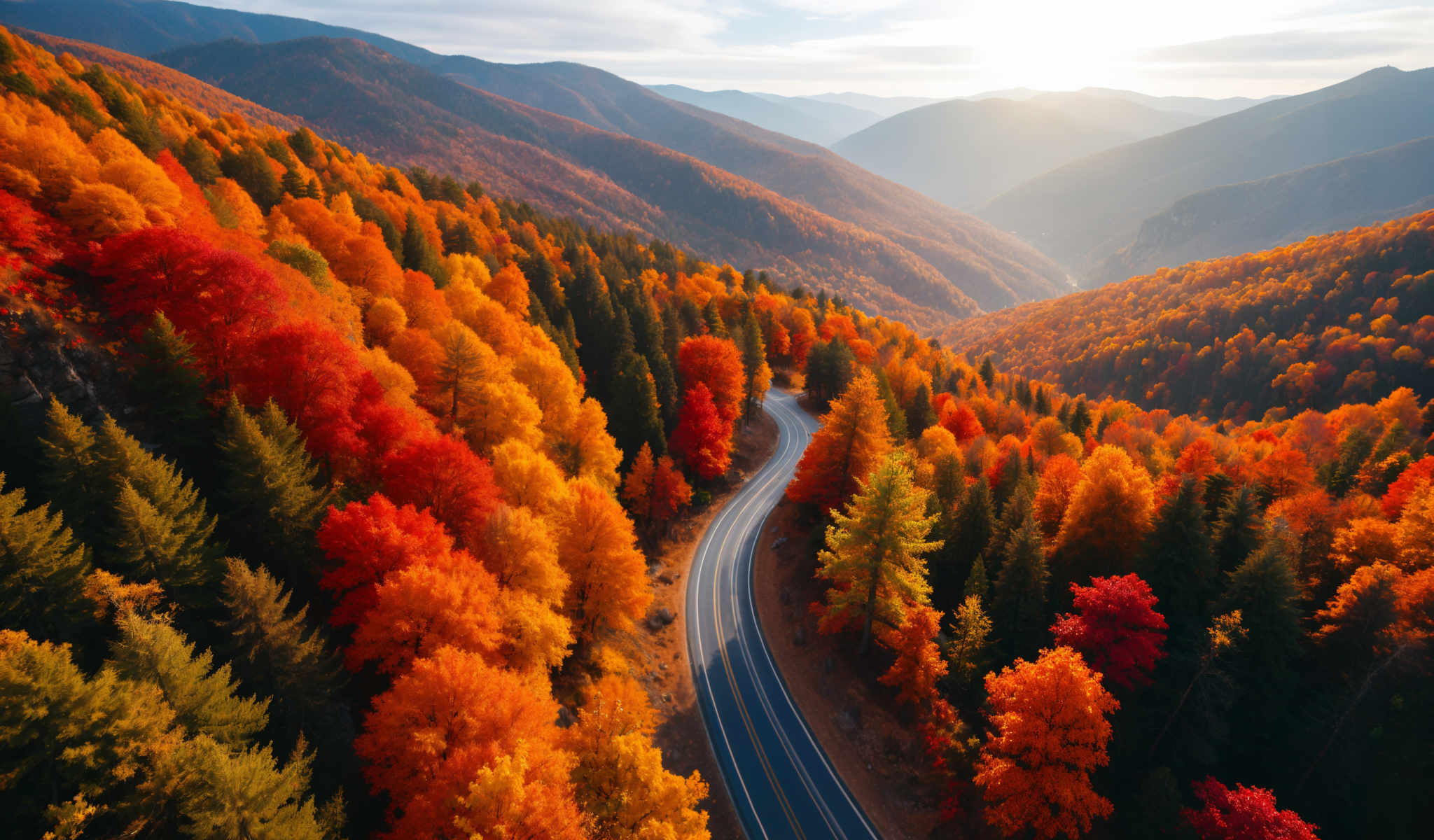 A winding road cuts through a forest of trees their leaves a vibrant mix of orange and yellow. The road a solid blue line curves gently to the right disappearing into the distance. The trees a mix of evergreens and deciduous types stand tall on either side of the road their branches heavy with autumn leaves. The sky above is a clear blue with the sun shining brightly casting a warm glow over the scene. The image captures the beauty of fall with its rich colors and serene atmosphere.