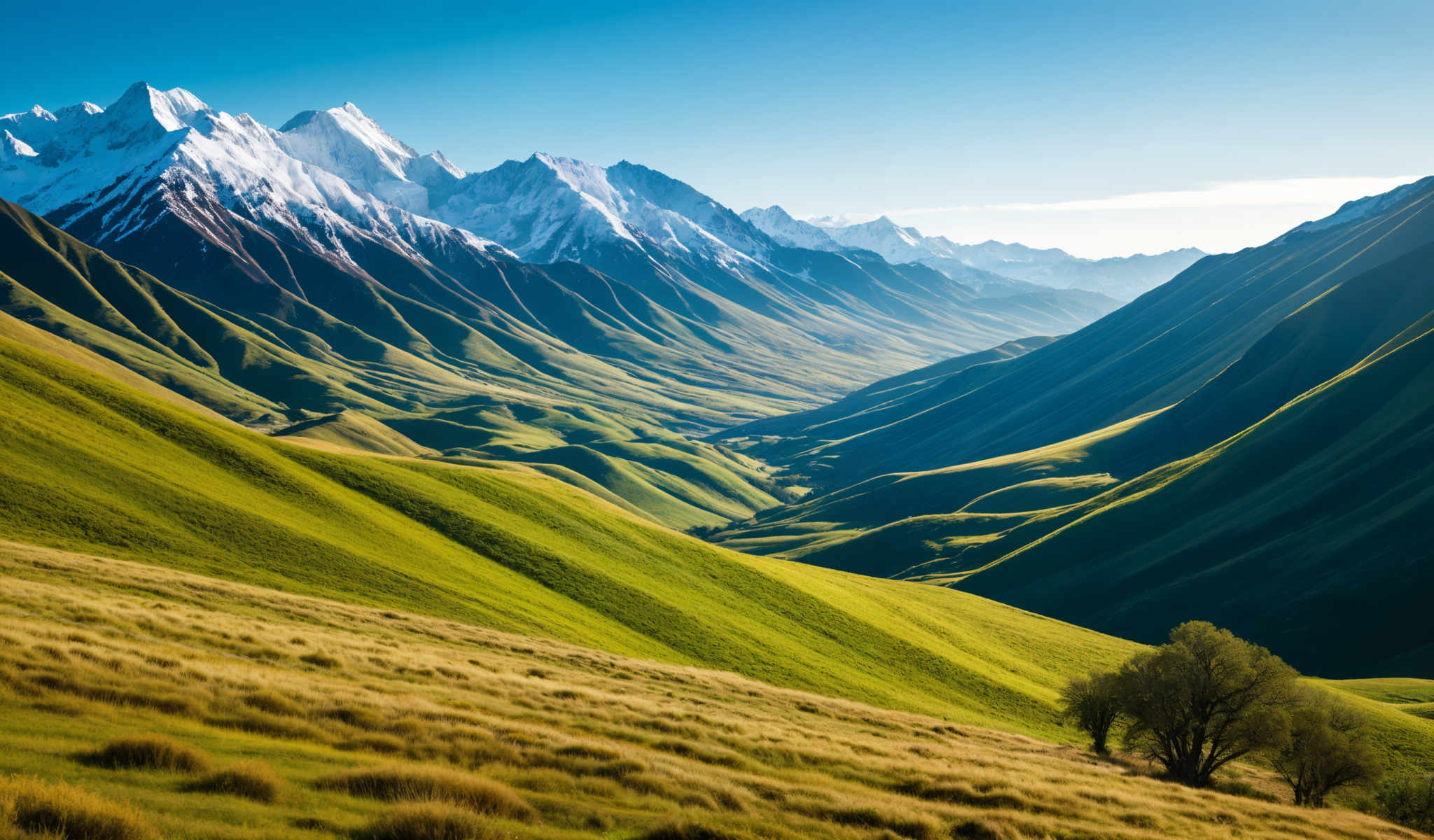 A beautiful mountain range with a clear blue sky. The mountains are covered in snow and the sky is clear. The foreground is a lush green valley with rolling hills. The image is taken from a high vantage point giving a panoramic view of the landscape. The colors are vibrant and the image is in high resolution. The scene is serene and picturesque.