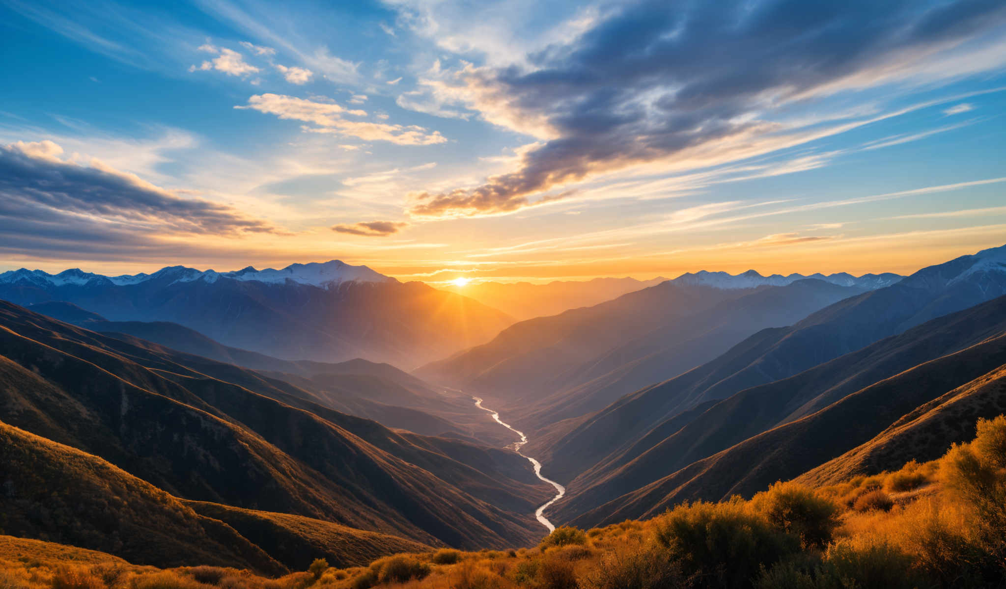 A breathtaking view of a mountain range at sunset. The sun is setting behind the mountains casting a warm golden glow over the entire scene. The mountains themselves are a deep rich blue with patches of white snow visible on the peaks. A winding road cuts through the mountains in the foreground adding a sense of depth and scale to the image.

The sky above is a light blue dotted with fluffy white clouds. The colors in the image are predominantly blue orange and yellow creating a vibrant and dynamic palette that captures the beauty of nature. The image is taken from a high vantage point looking down on the mountains and the winding road giving the viewer a sense that they are looking down from a great height.

The image does not contain any text or man-made objects and there are no people or animals visible. The focus is solely on the natural landscape making it a serene and peaceful scene. Despite the absence of any action the image conveys a sense movement and tranquility as if inviting the viewer to take a moment to appreciate the beauty and majesty of the natural world.