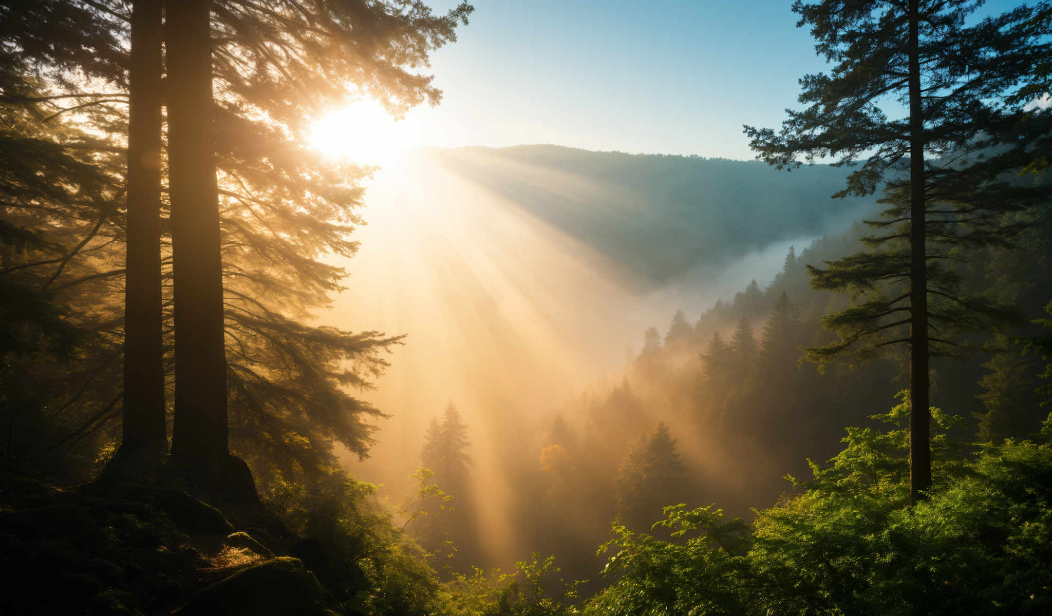 The image captures a serene scene of a forest bathed in the warm glow of a sunrise. The sun a radiant orb of light is just beginning to peek over the horizon casting long dramatic shadows across the landscape. The forest is a dense collection of tall dark green trees their leaves a vibrant contrast to the soft light of the morning. The sky above is a clear unblemished blue providing a tranquil backdrop to the scene. The perspective of the photo is from a high vantage point looking down into the forest giving a sense of scale and depth to the image.

The image does not contain any discernible text or countable objects. The relative positions of the objects suggest a vast expanse of forest stretching out towards the horizon where the sun is located. The trees appear to be evenly distributed throughout the forest with no visible gaps or clusters. The image does contain a few small rocks scattered around the base of the trees adding a touch of ruggedness to the otherwise smooth landscape. Overall the image presents a harmonious blend of natural elements each contributing to the overall tranquility of the scene.

Please note that this description is based on the visible content of the provided image and does not include any speculative