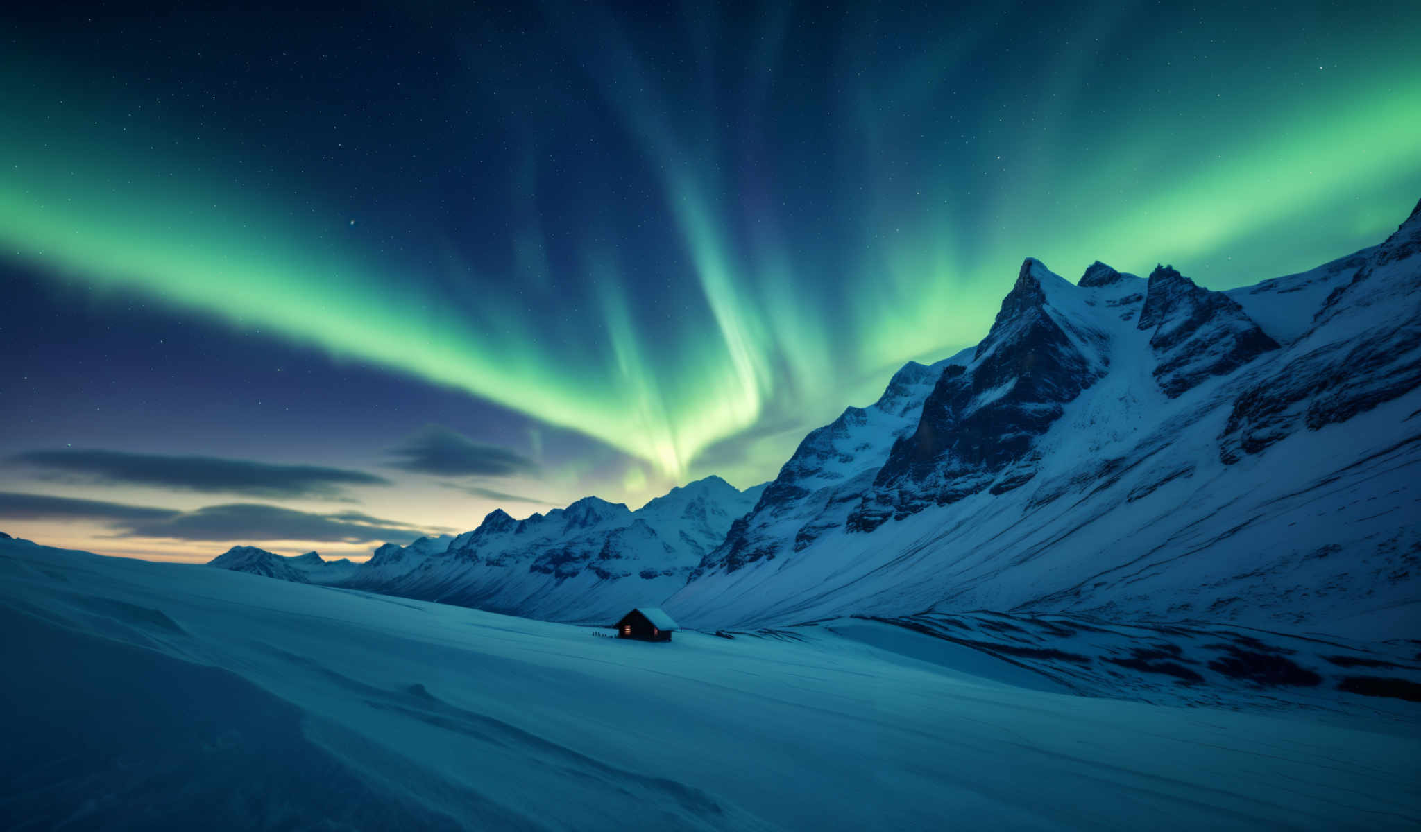 A snowy mountain range with a small cabin in the foreground and a spectacular display of the Aurora Borealis in the background.