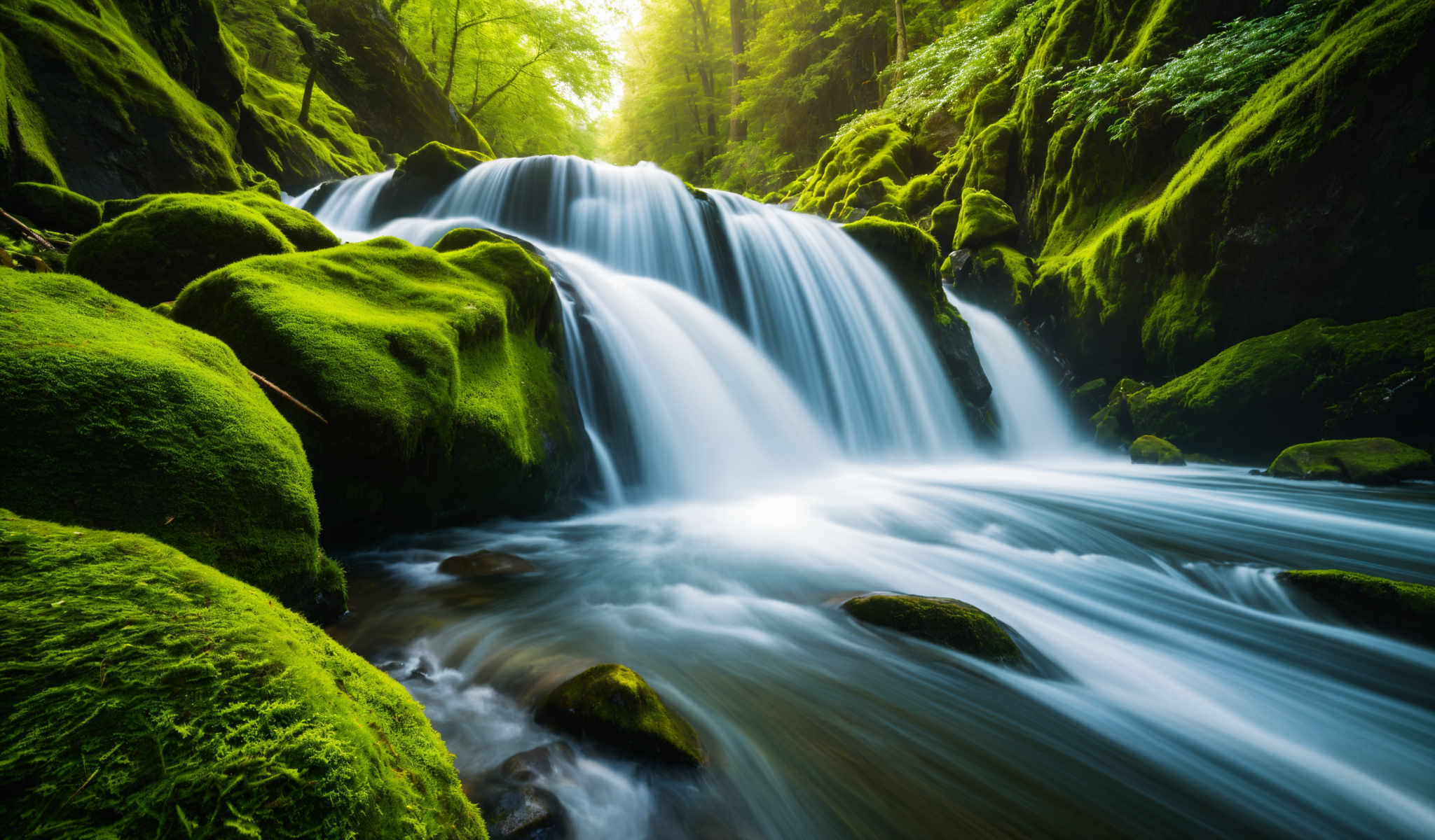 A waterfall cascades down a moss-covered rock face.