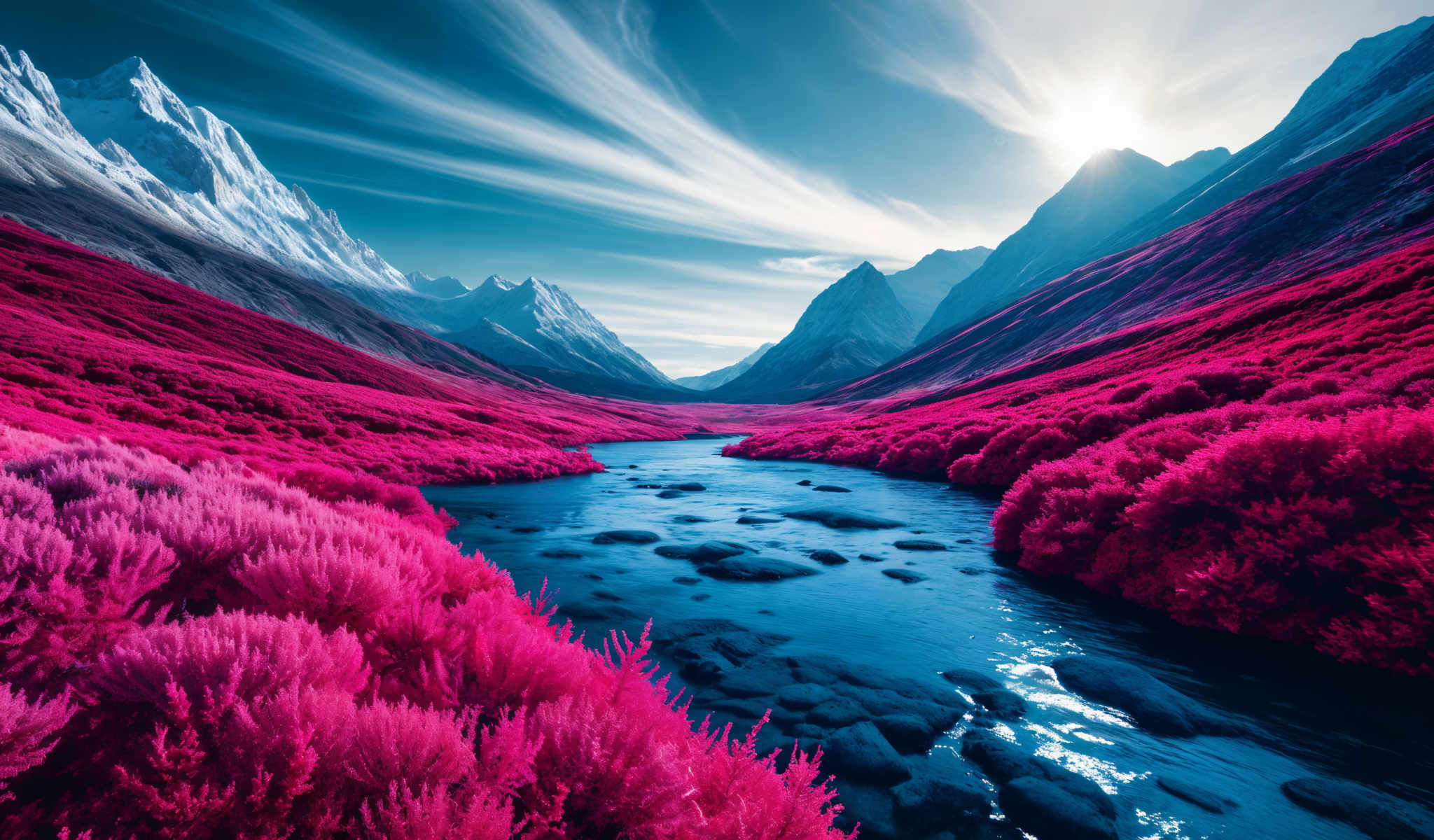 A beautiful mountain range with a river flowing through it. The mountains are covered in a vibrant shade of pink and the river is a deep blue. The sky above is a clear blue with a few clouds scattered across it.