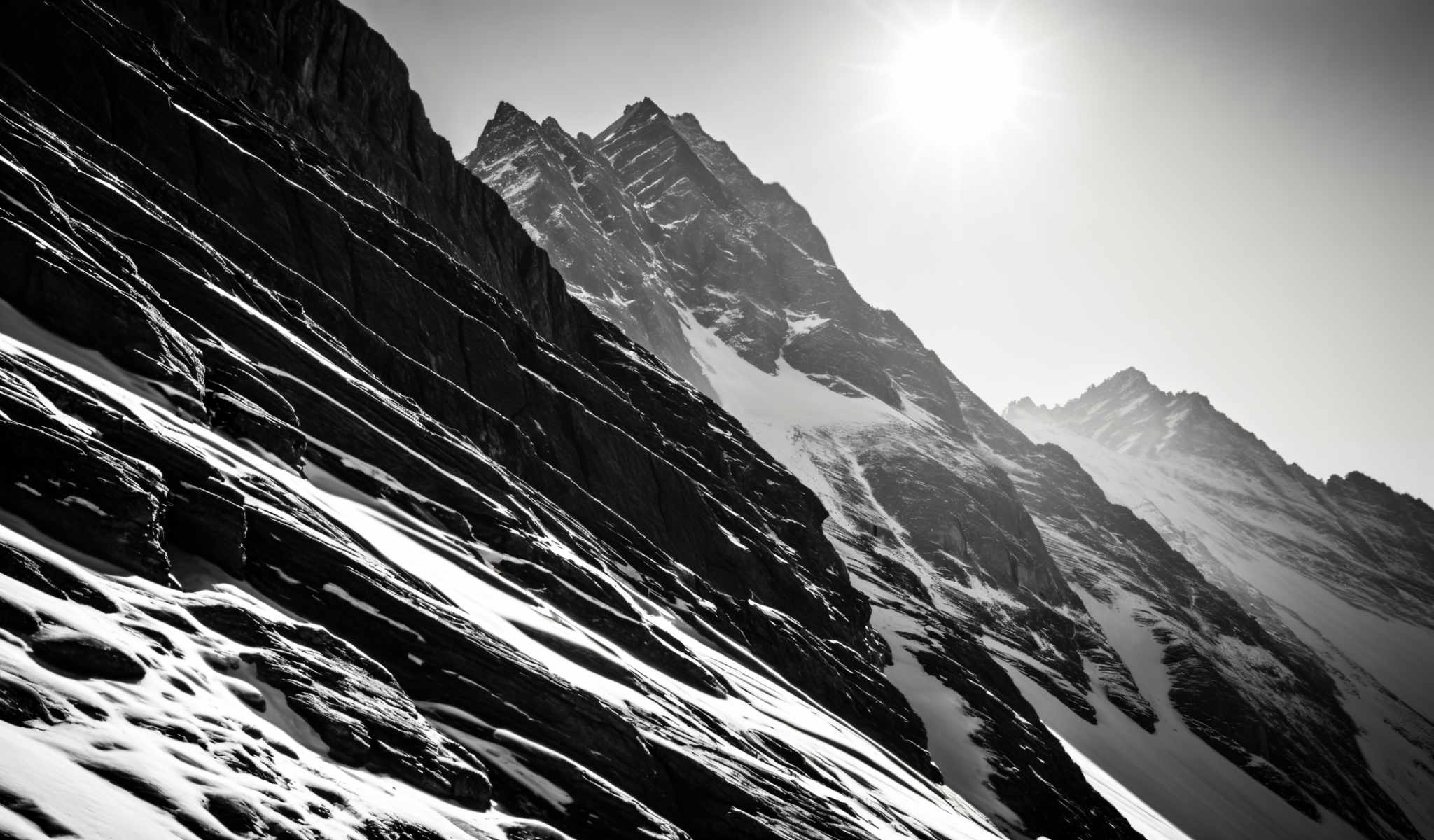 A majestic mountain range with snow-capped peaks under a clear blue sky. The sun is shining brightly casting a warm glow on the scene. The mountains are rugged and jagged with steep cliffs on the left side. The right side of the mountains is covered in a blanket of snow giving the scene a serene and tranquil feel. The sky is a beautiful shade of blue with a few wispy clouds scattered across it. The image captures the raw beauty and grandeur of nature in its purest form.