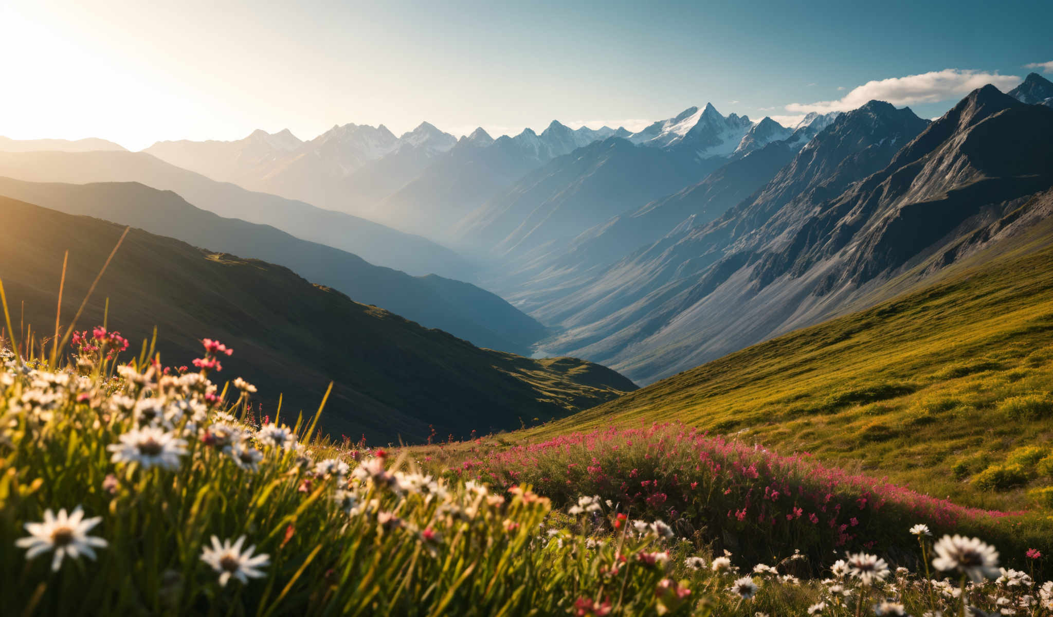 A breathtaking view of a mountain range with a valley in the middle. The mountains are covered in snow and the sky is a clear blue. The valley is lush with green grass and pink flowers. The image is taken from a high vantage point giving a panoramic view of the landscape. The colors are vibrant with the green of the grass and the pink of the flowers contrasting beautifully with the blue of the sky and the white of the snow. The perspective gives a sense of depth and scale emphasizing the grandeur of the scene. The landmark identifier "sa_1224" does not provide additional information about the location of this scene.